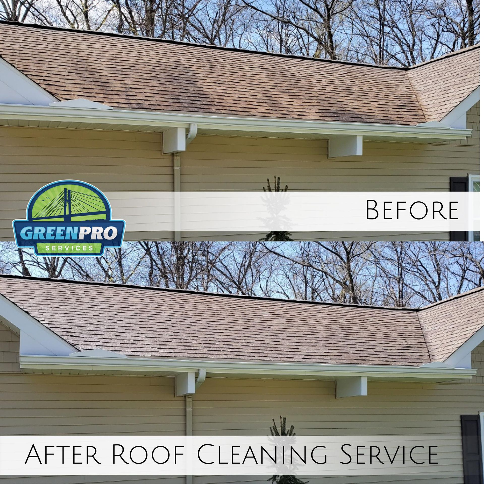 Before and after roof cleaning in Bourbonnais IL