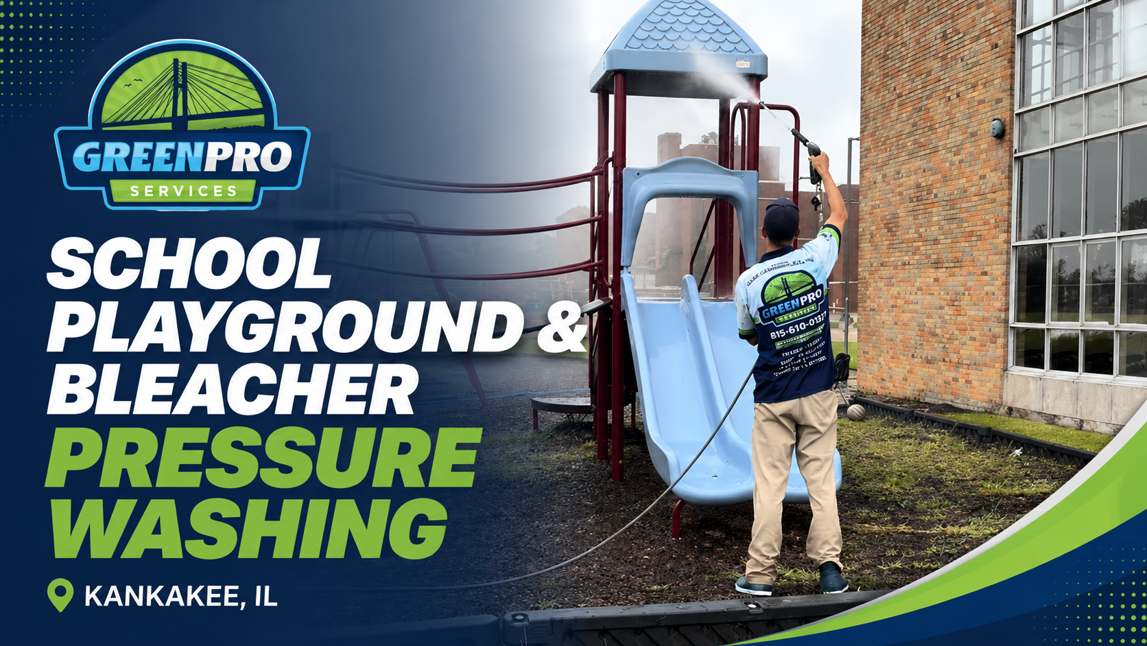 Green Pro worker pressure washing a school playground bleacher in Kankakee, IL