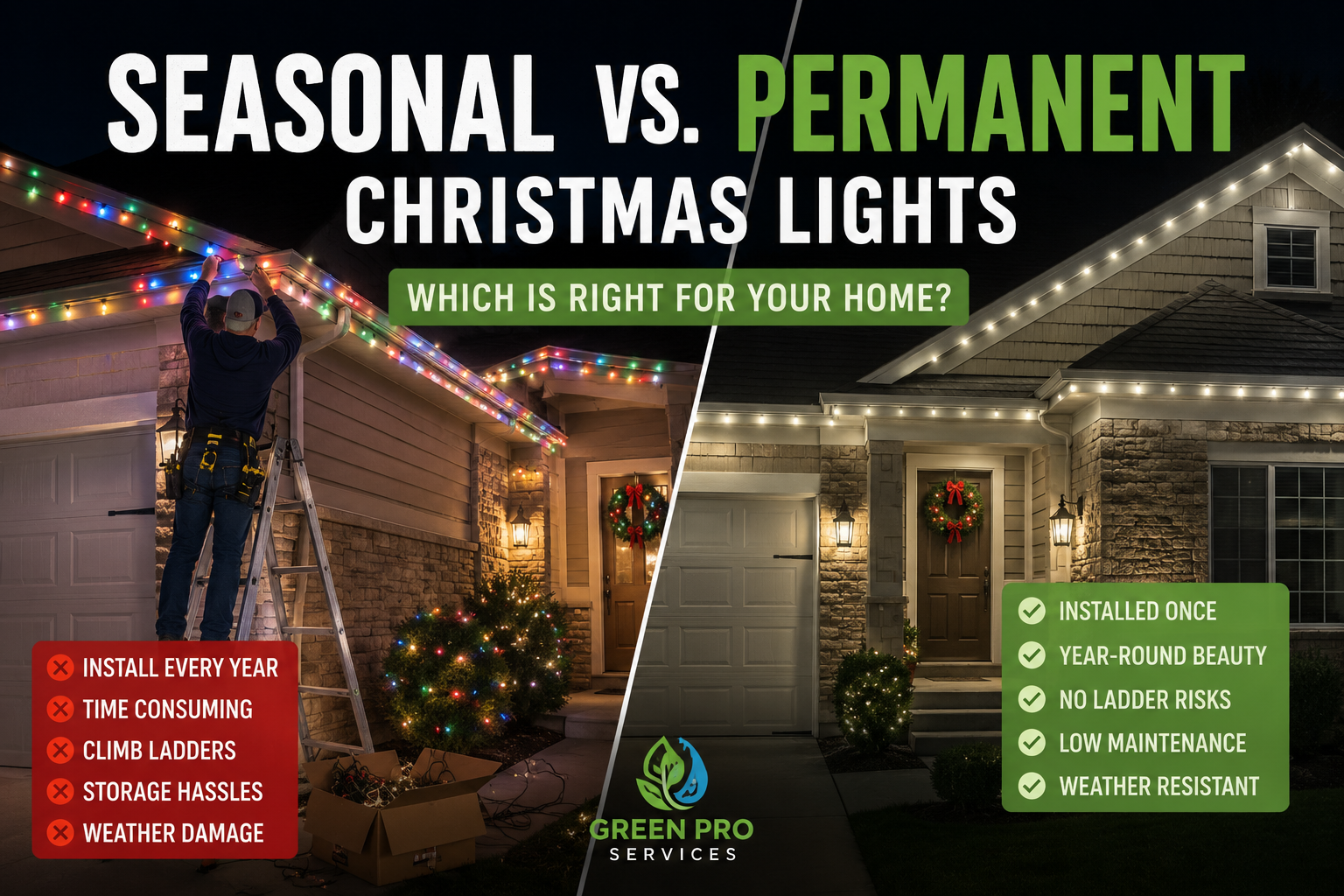 Christmas lights comparison graphic for a home, showing seasonal vs. permanent options with a lit house exterior.