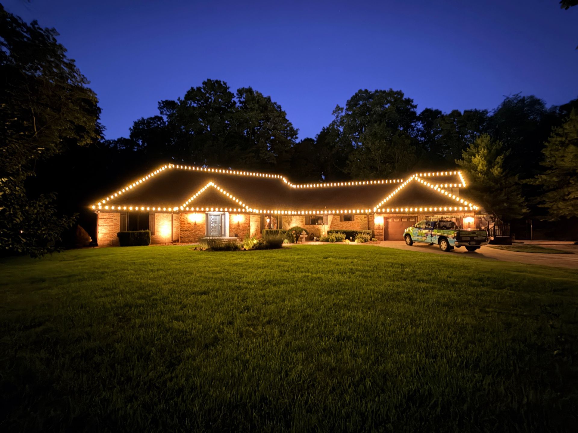 Professional Christmas light installation on a home in Bourbonnais, Illinois