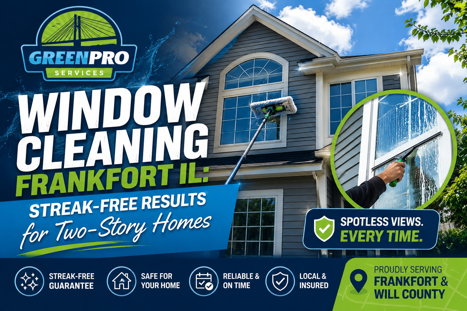 GreenPro Services window cleaning ad with blue house, white text, and “Streak-Free Results” message