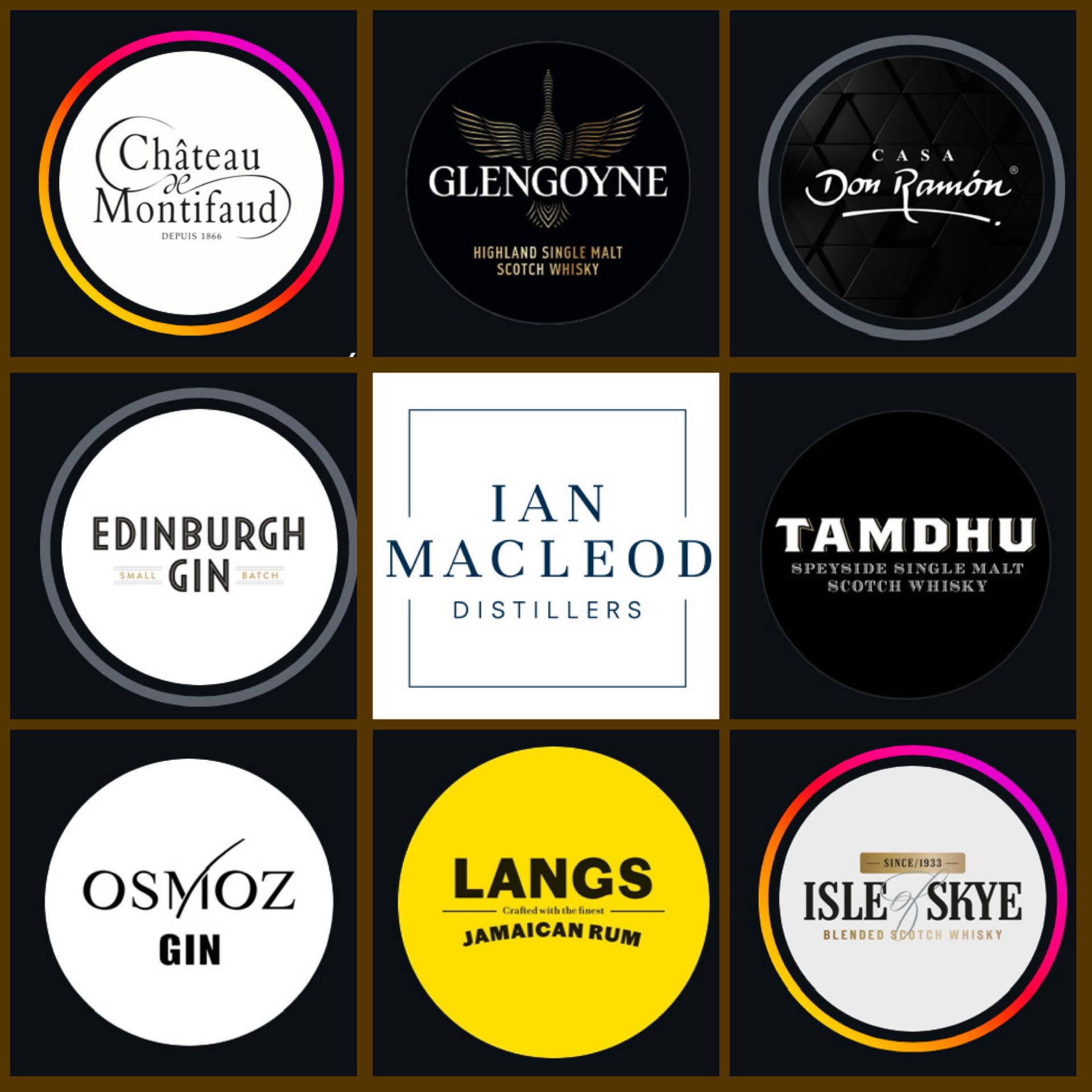 Château Montifaud, Glengoyne, Casa Don Ramón, Edinburgh Gin, Ian Macleod Distillers, Tamdhu, Osmoz Gin, Langs, and Isle of Skye.