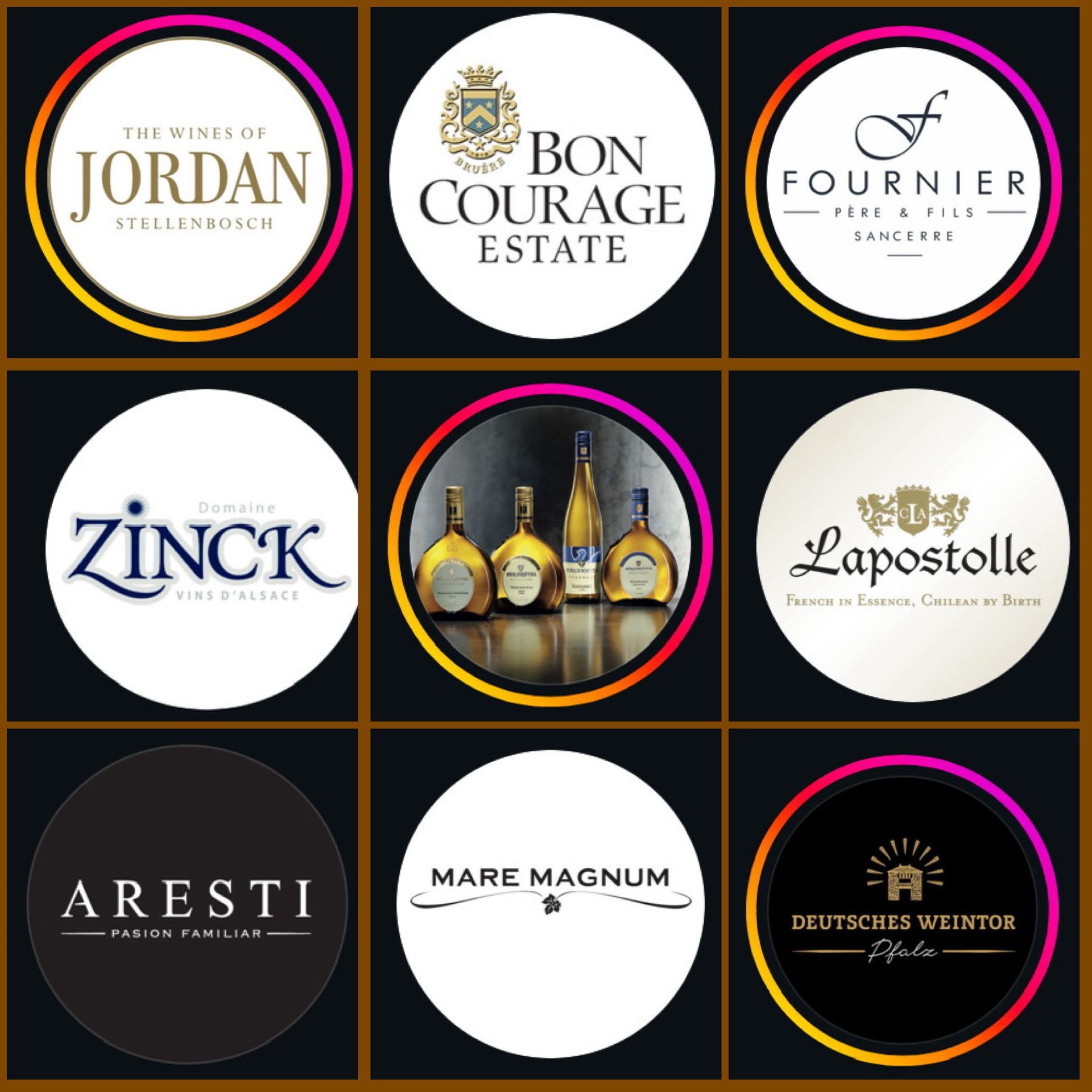 Jordan, Bon Courage, Fournier, Zinck, Lapostolle, Aresti, Mare Magnum, and Deutsches Weinsistor.