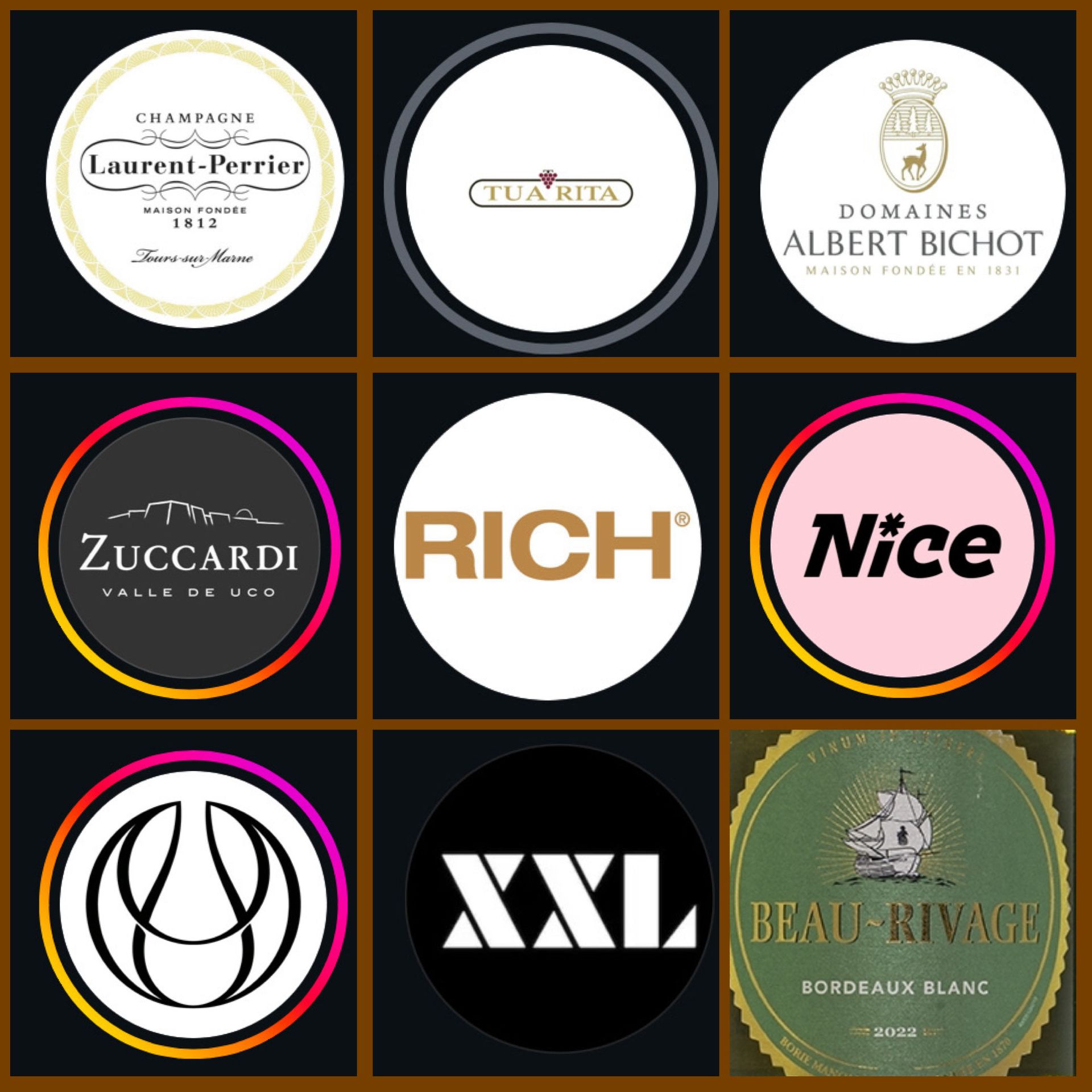 Nine wine labels in a grid, including Laurent-Perrier, Zuccardi, and Beau Rivage.