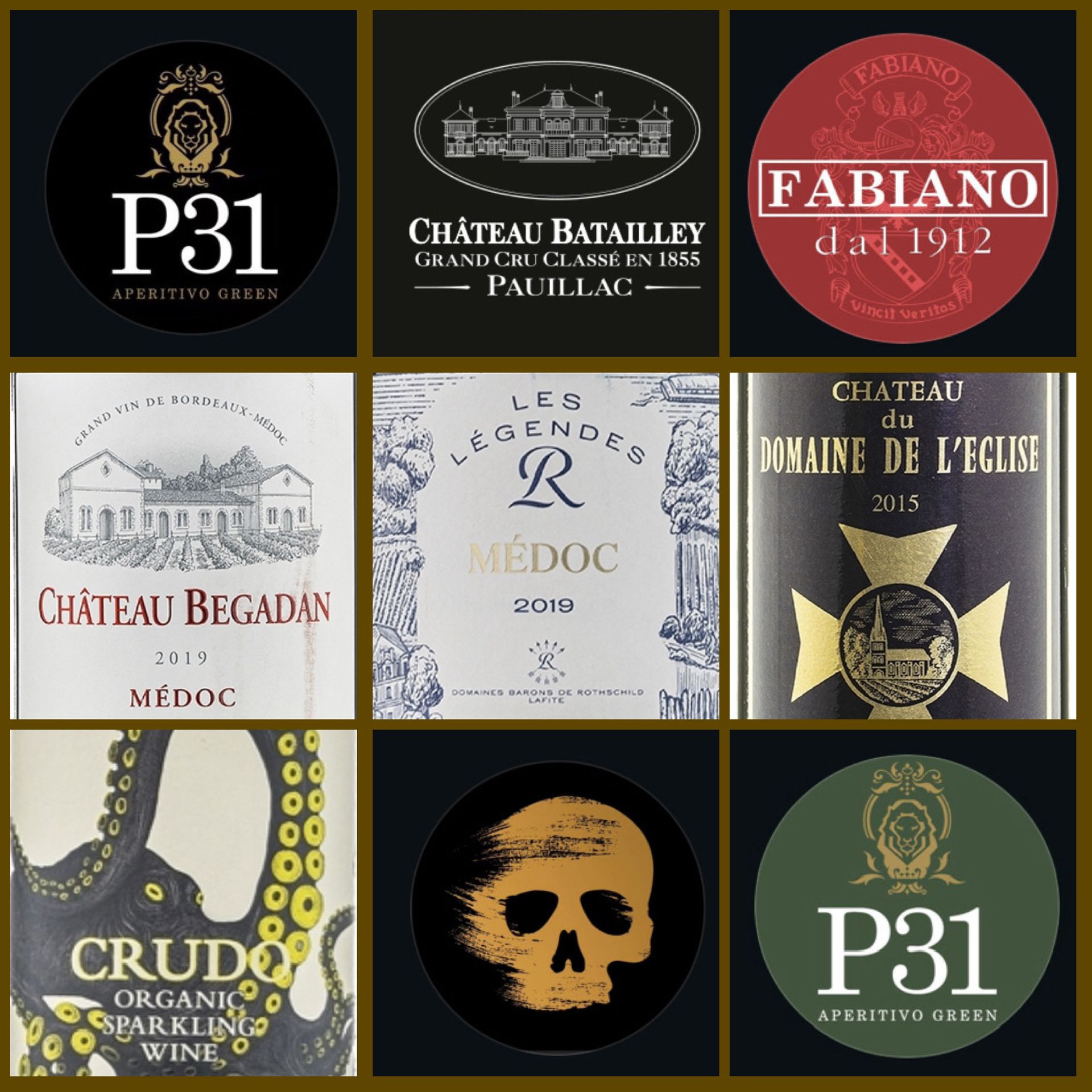 Nine wine labels in a grid, featuring text and designs, including 