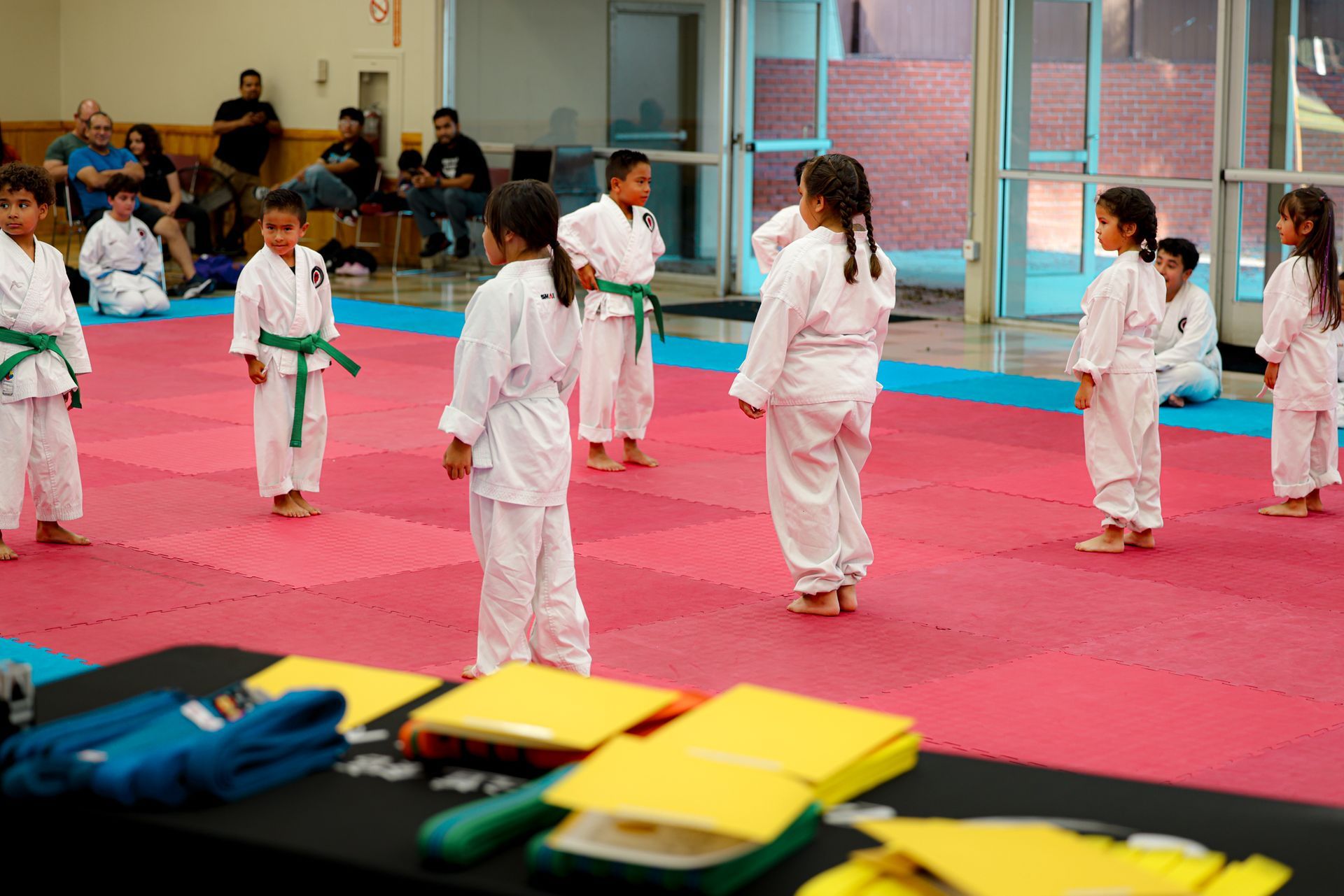 Children practicing martial arts in white uniforms with green belts on a mat in a gym