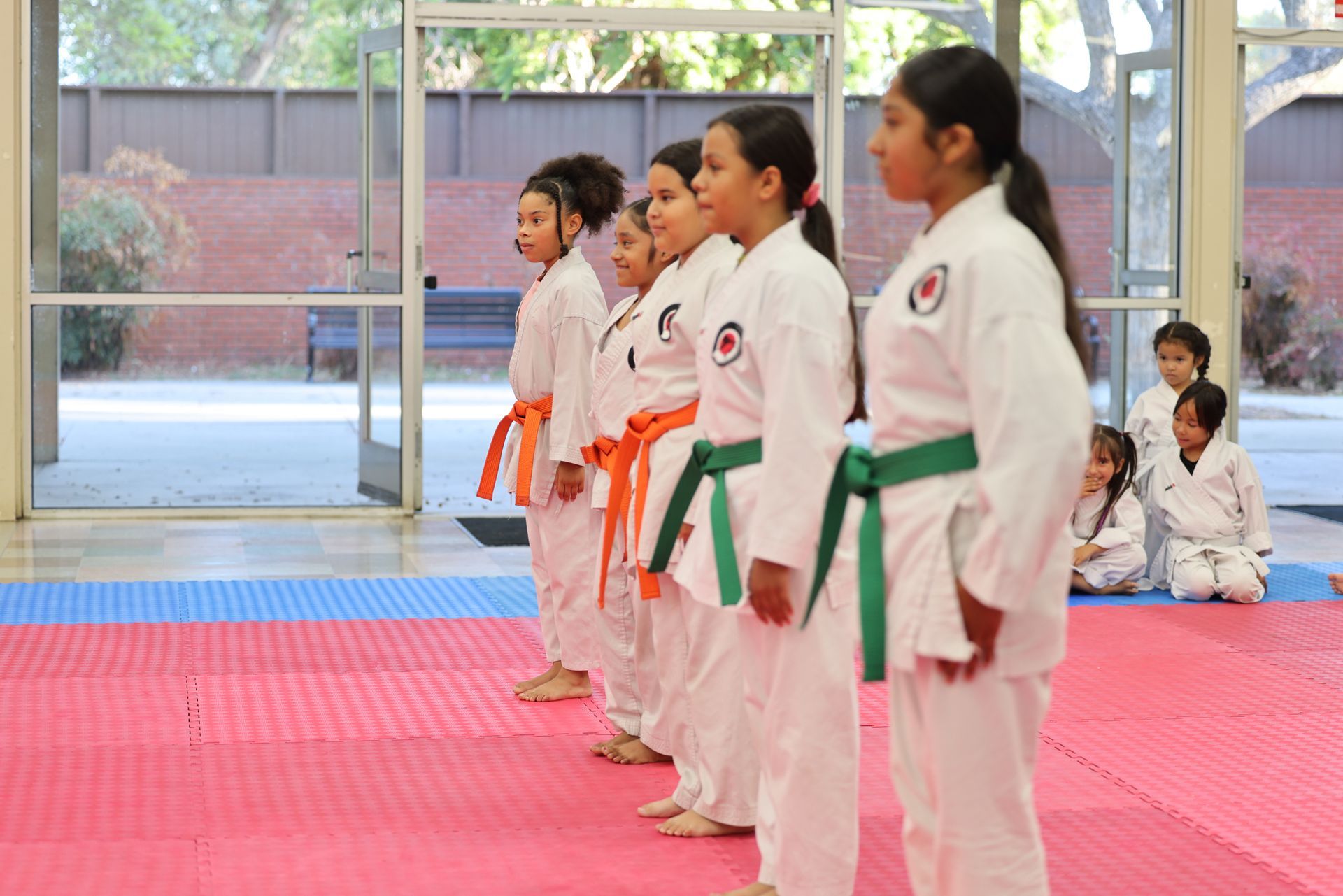 Students in white martial arts uniforms line up on a red mat in a gymnasium