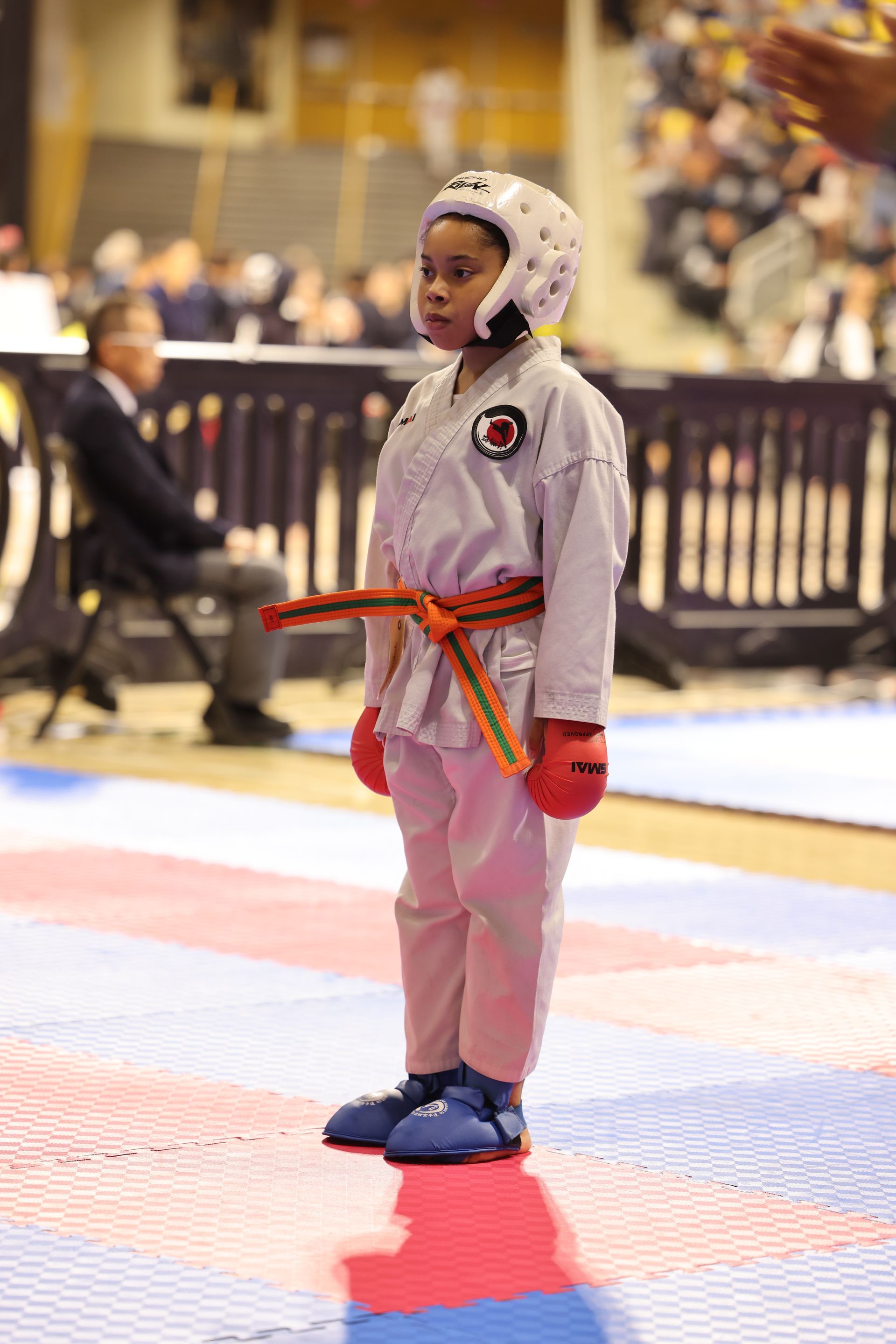 Young karate competitor in white uniform and red belt stands on a mat, wearing red gloves and headgear.
