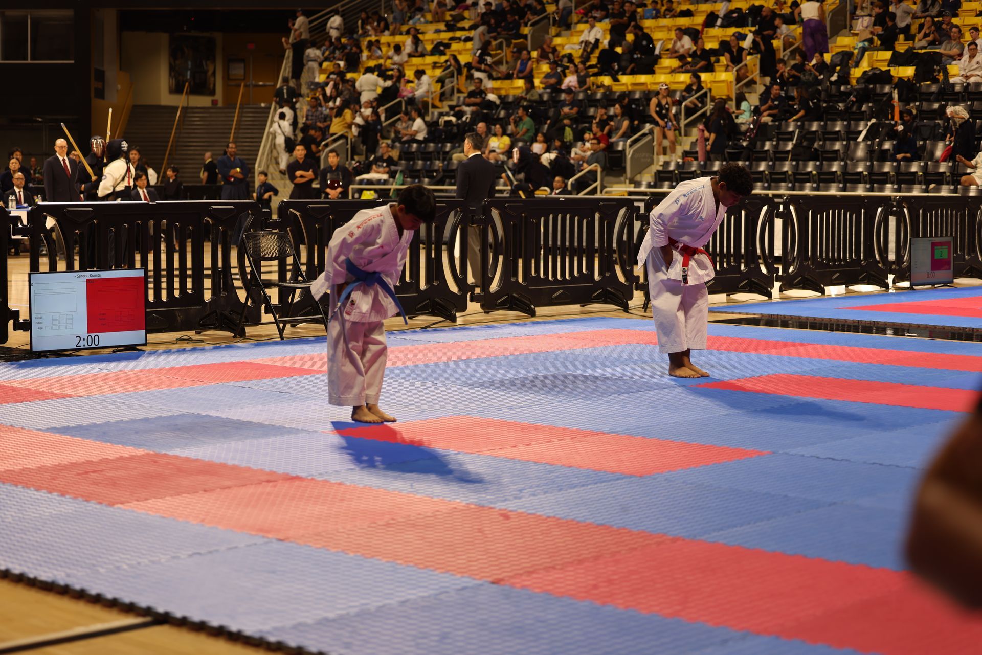 Two martial artists sparring on a red and blue mat in front of a seated crowd