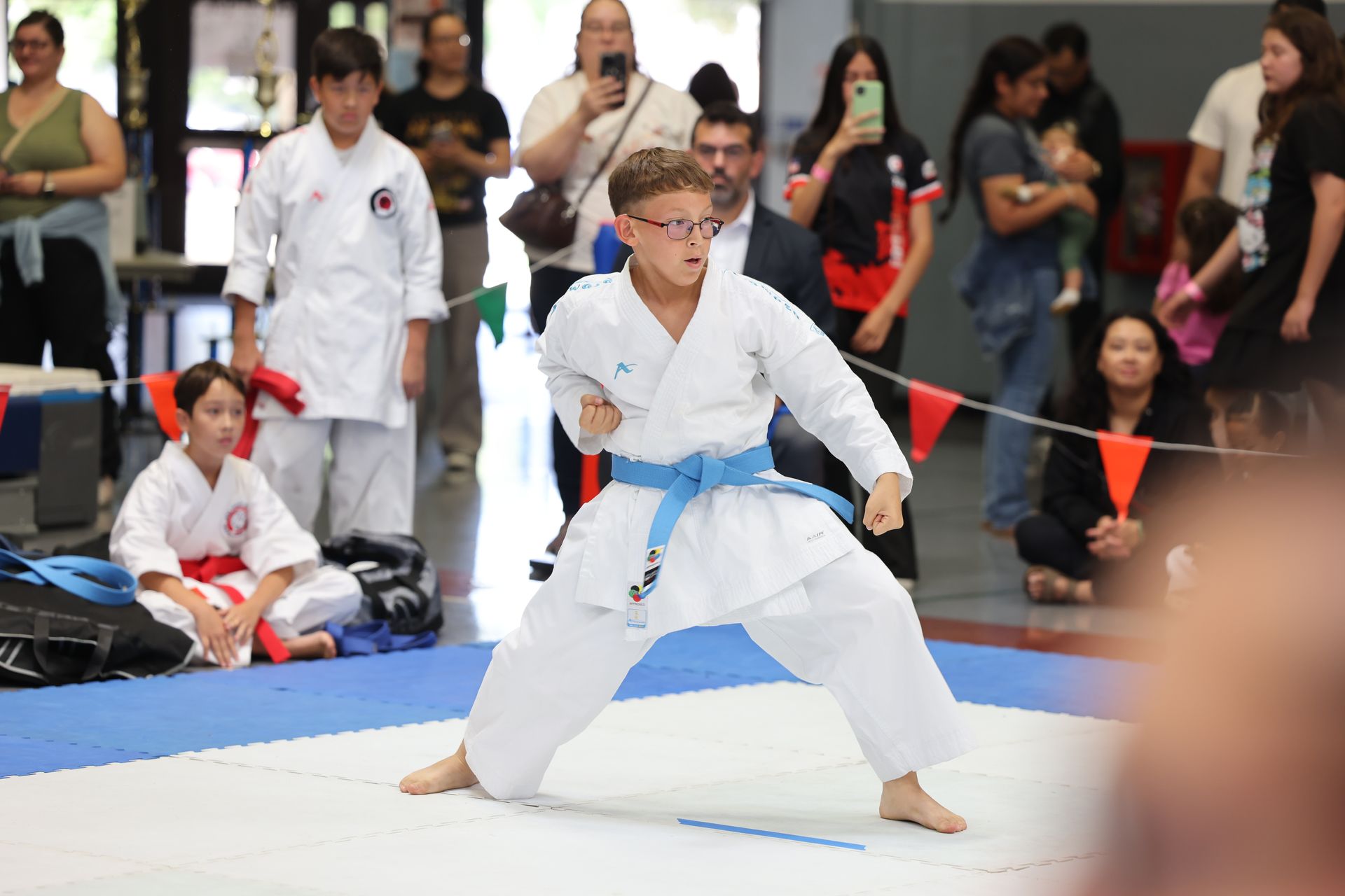 Boy in a karate uniform with blue belt performing a stance. Crowd watching in a gymnasium.