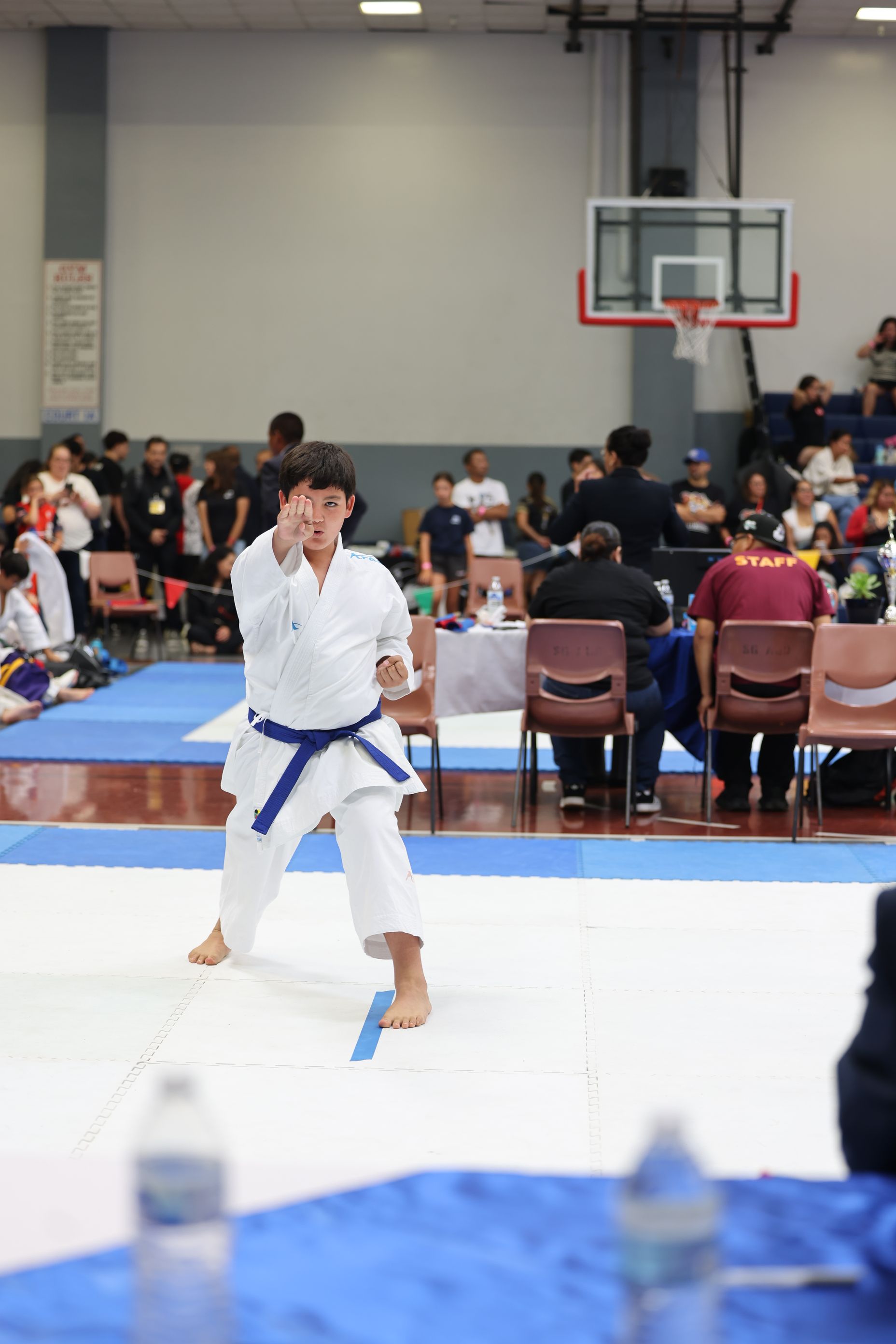 Karate athlete in white uniform with blue belt performs a technique during a tournament.