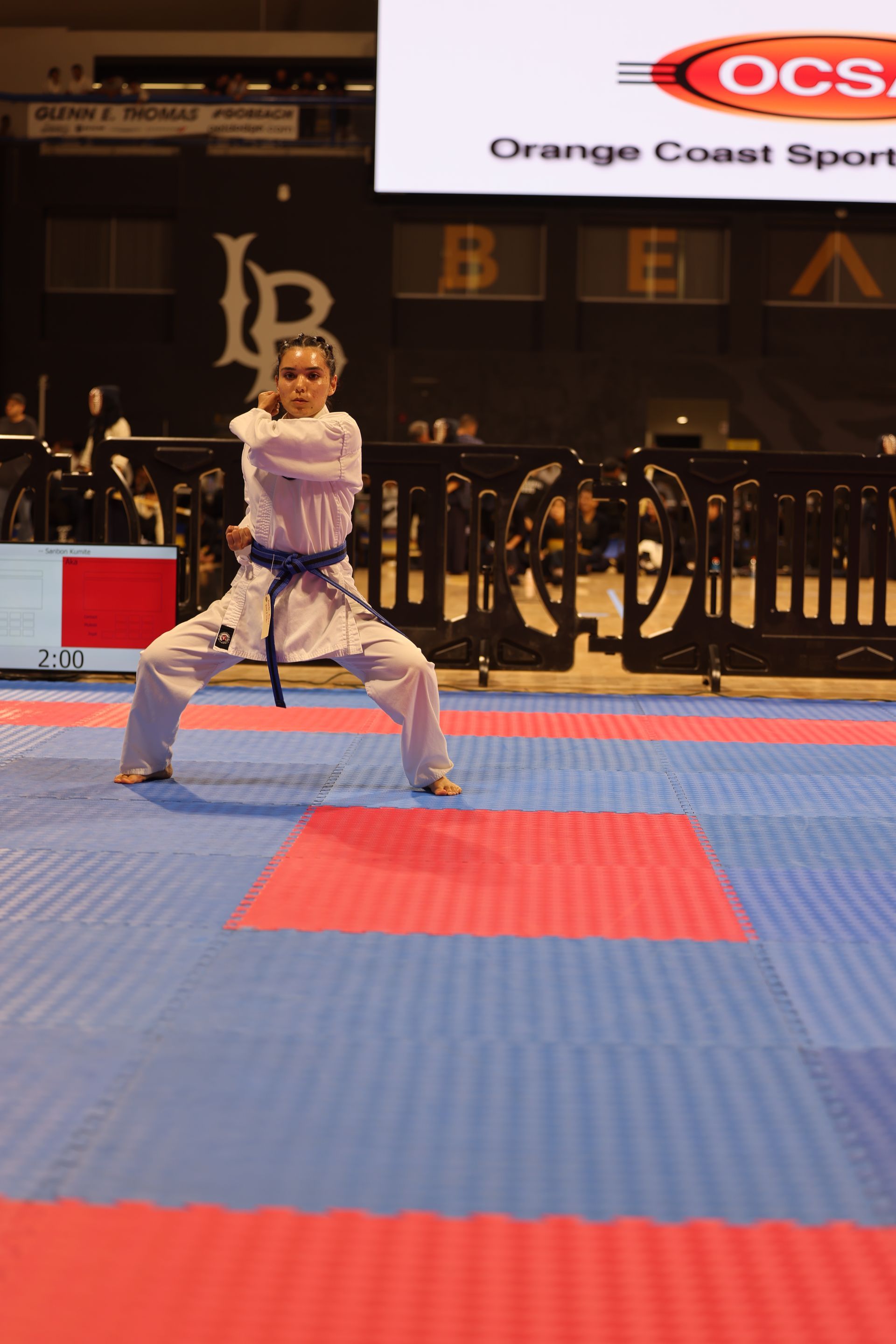 Martial artist in blue uniform performs a wide stance on a red-and-blue mat at a sports arena.
