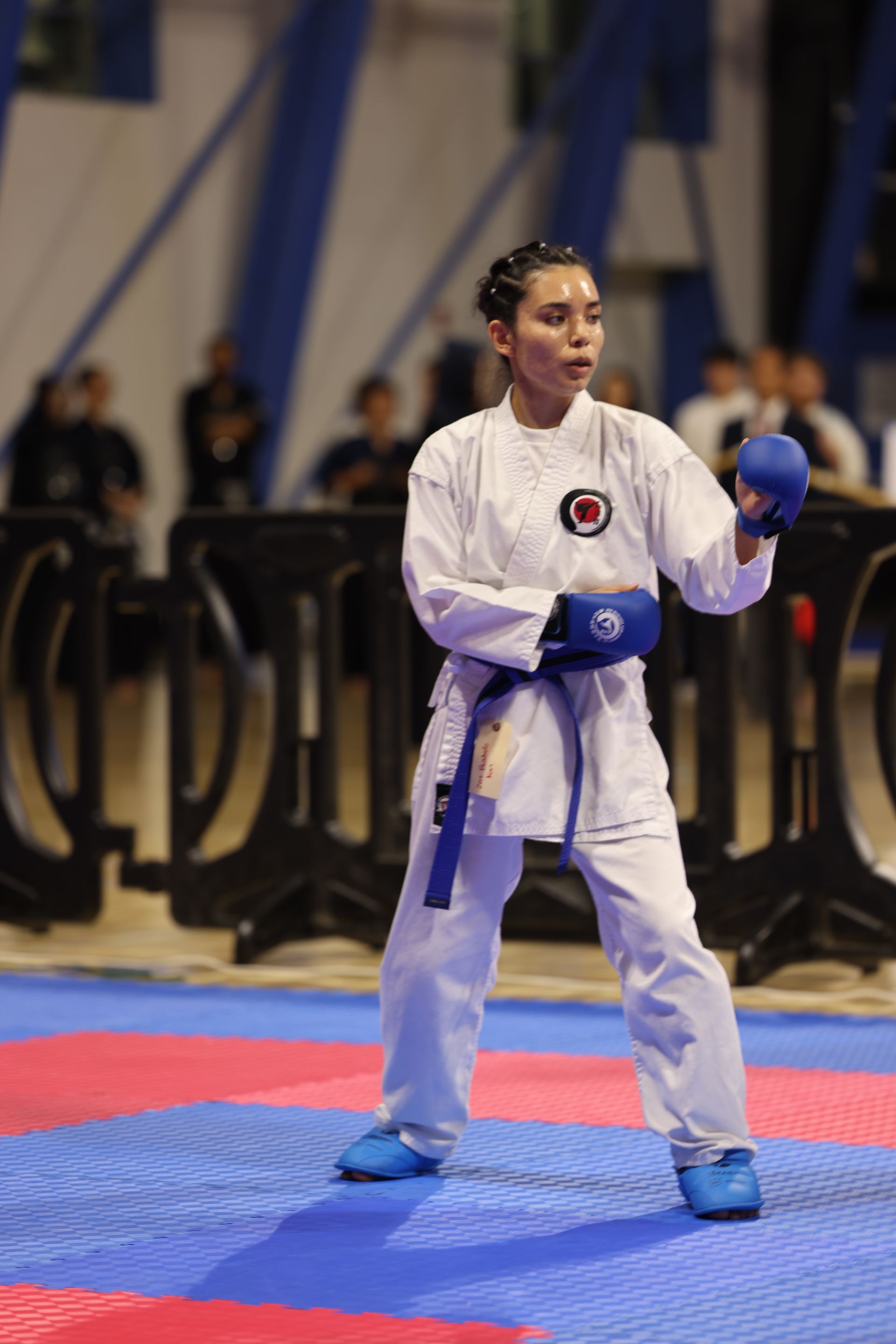 Karate competitor in white gi and blue gloves stands on a mat during a match
