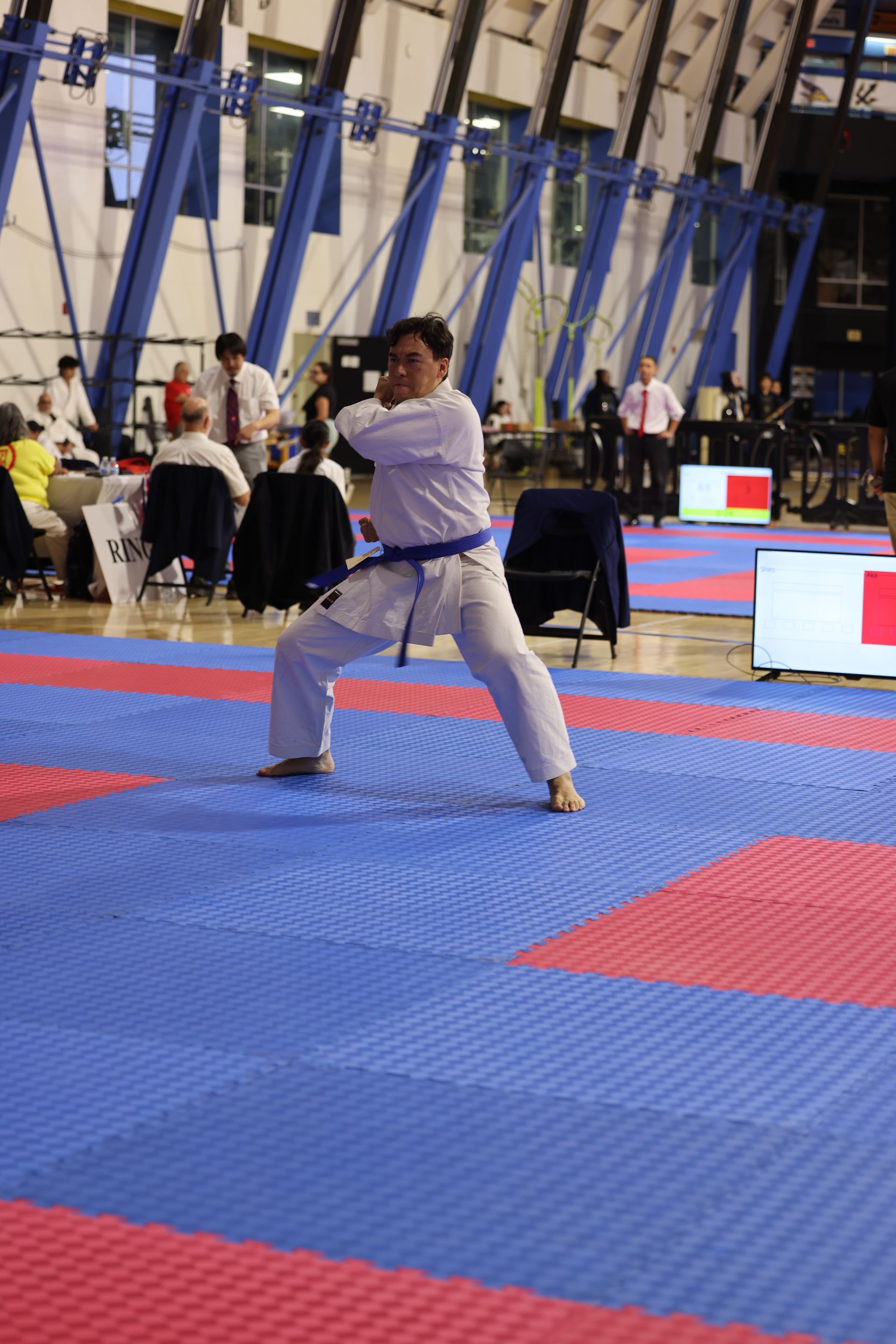 Martial artist in white gi practices a stance on blue and red mats in an indoor competition venue