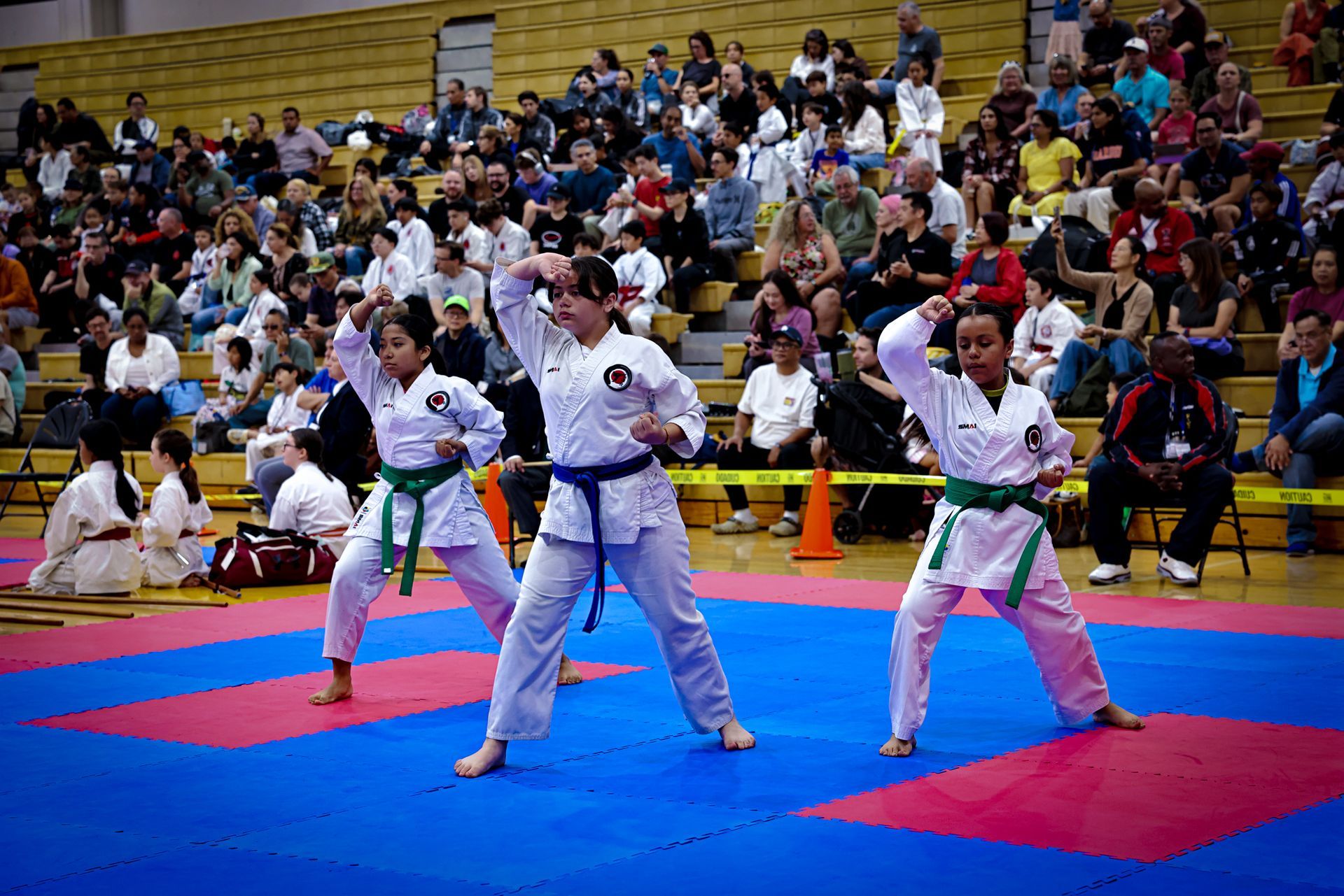 Three martial arts students in white uniforms with colored belts perform a synchronized move on a blue and red floor.
