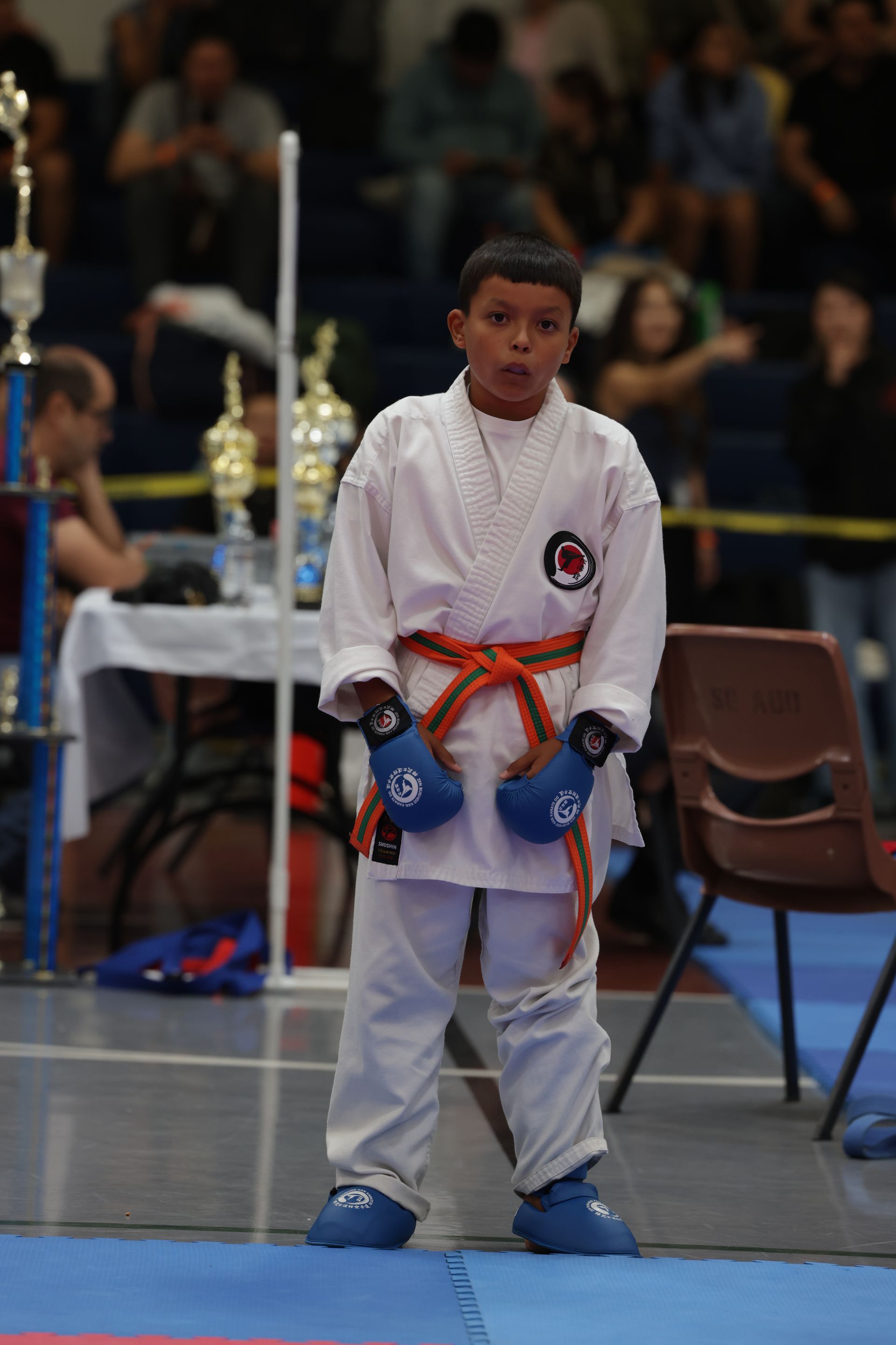 Young martial artist in a white gi with blue gloves and orange belt standing on a competition mat