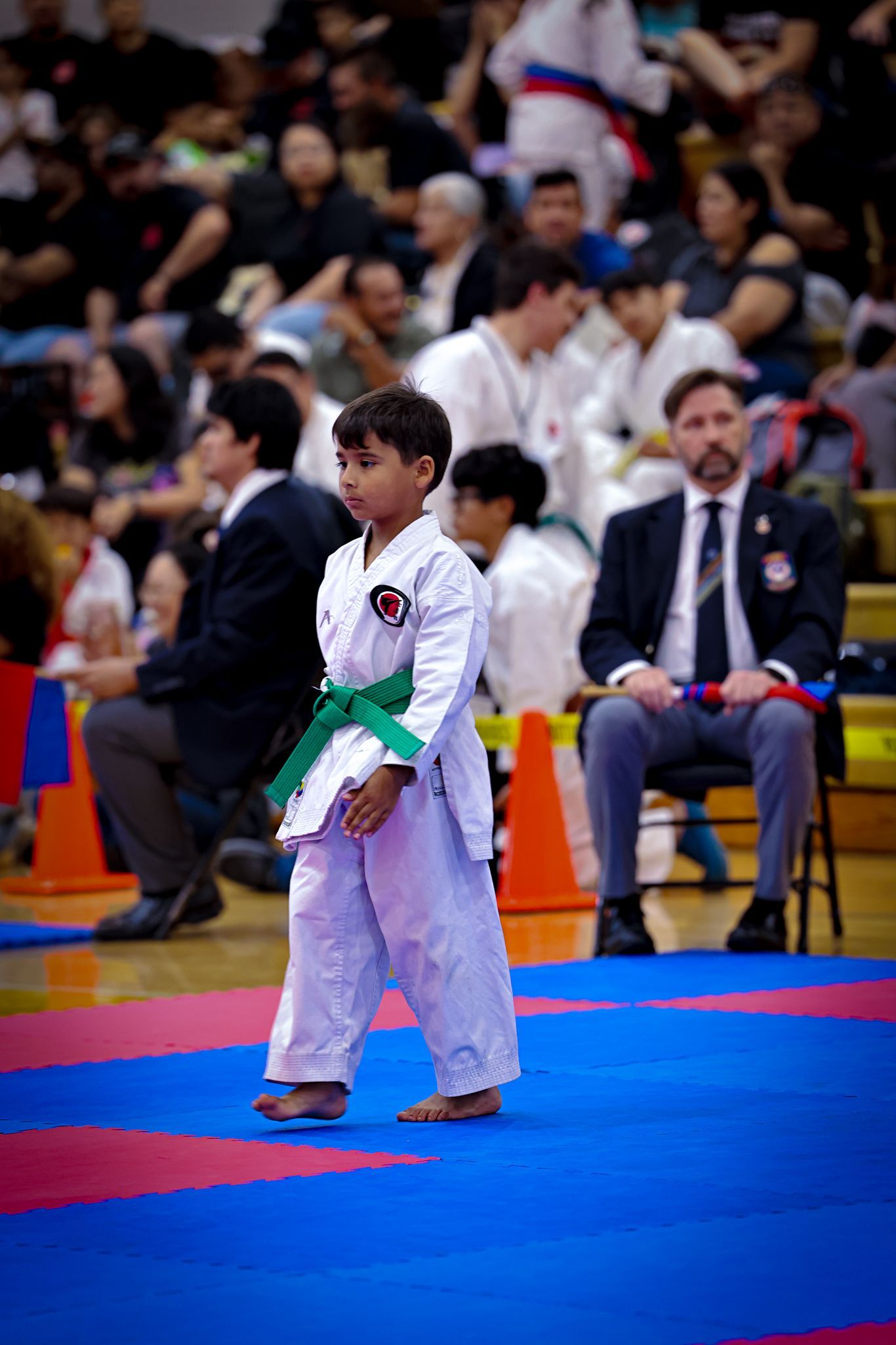 A child wearing a white karate uniform and green belt stands on a blue and red mat in a gymnasium during a competition.