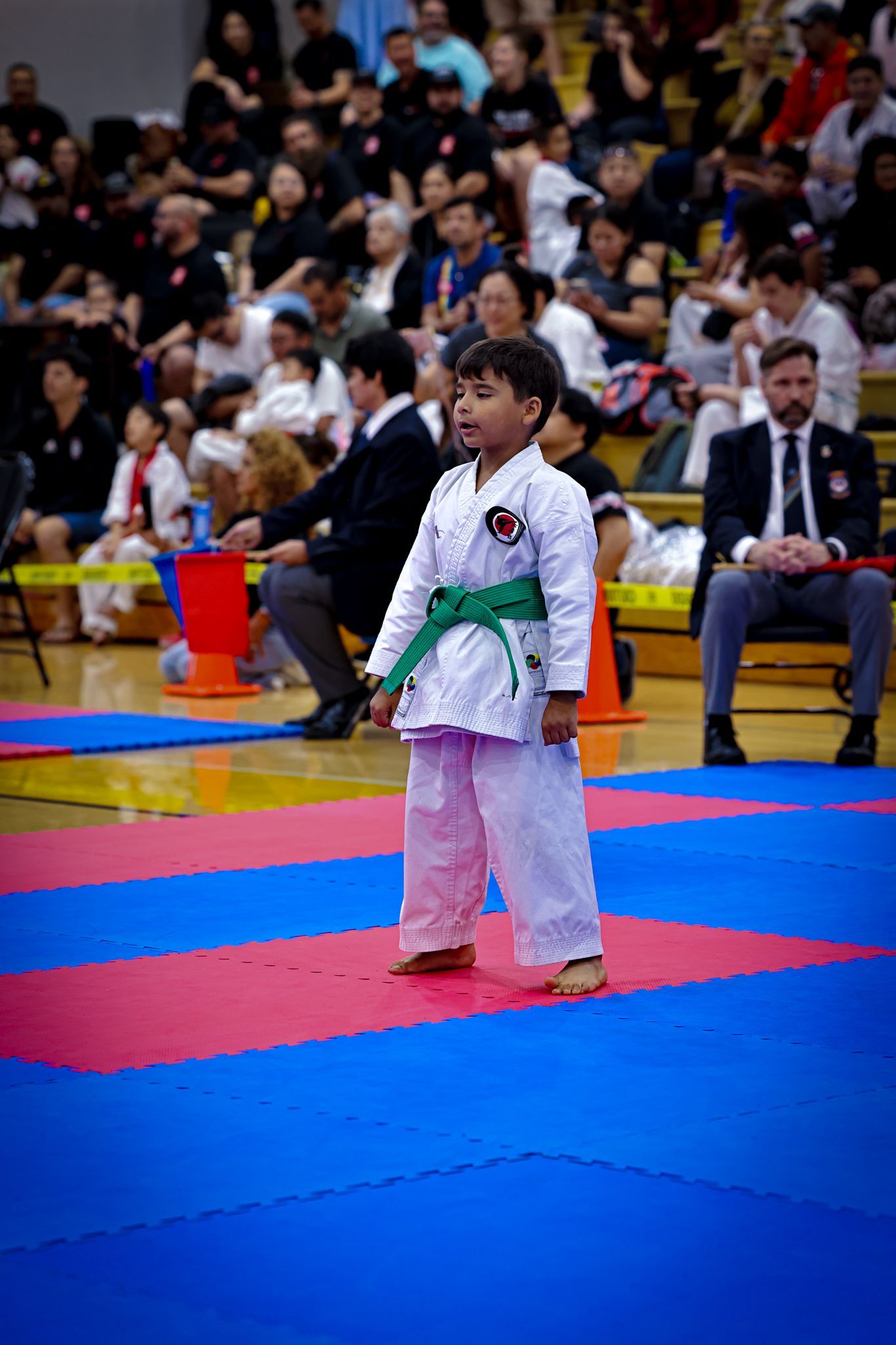 A student in a white karate uniform with a green belt stands on blue and red mats in a gymnasium filled with spectators.