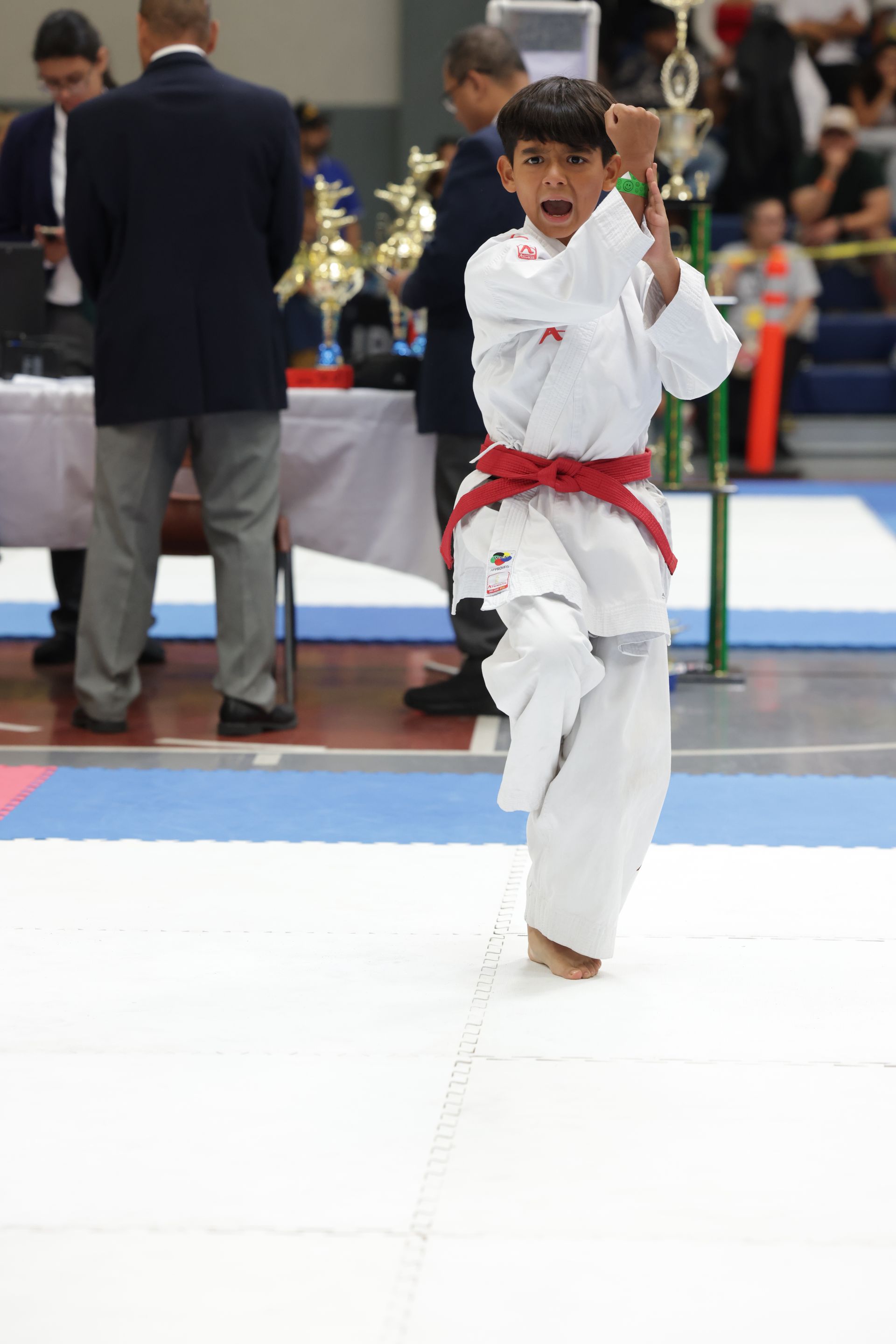 Young martial artist in white gi with red belt performing a kick on a competition mat