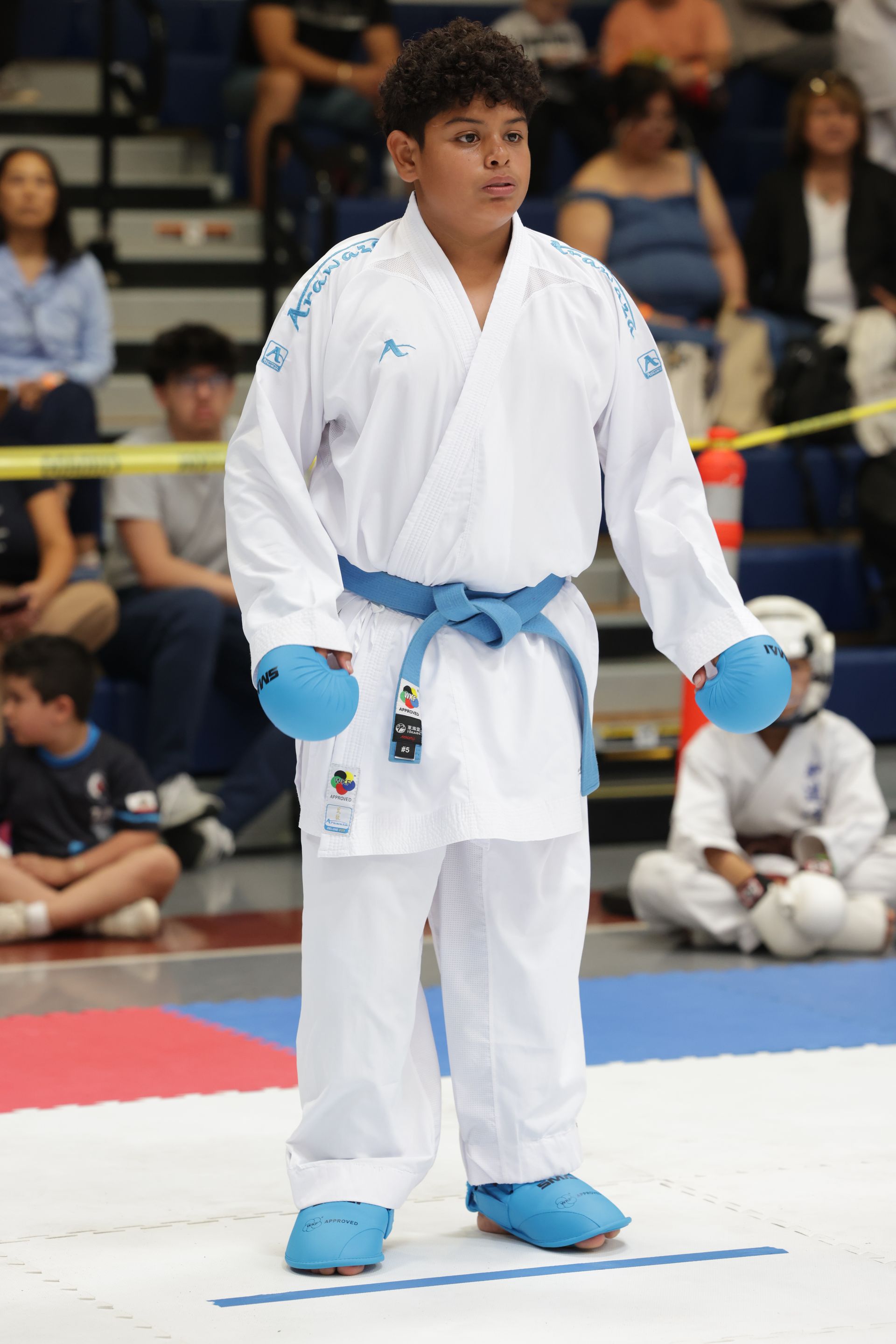 Martial artist in white gi with blue gloves and foot pads standing on a competition mat