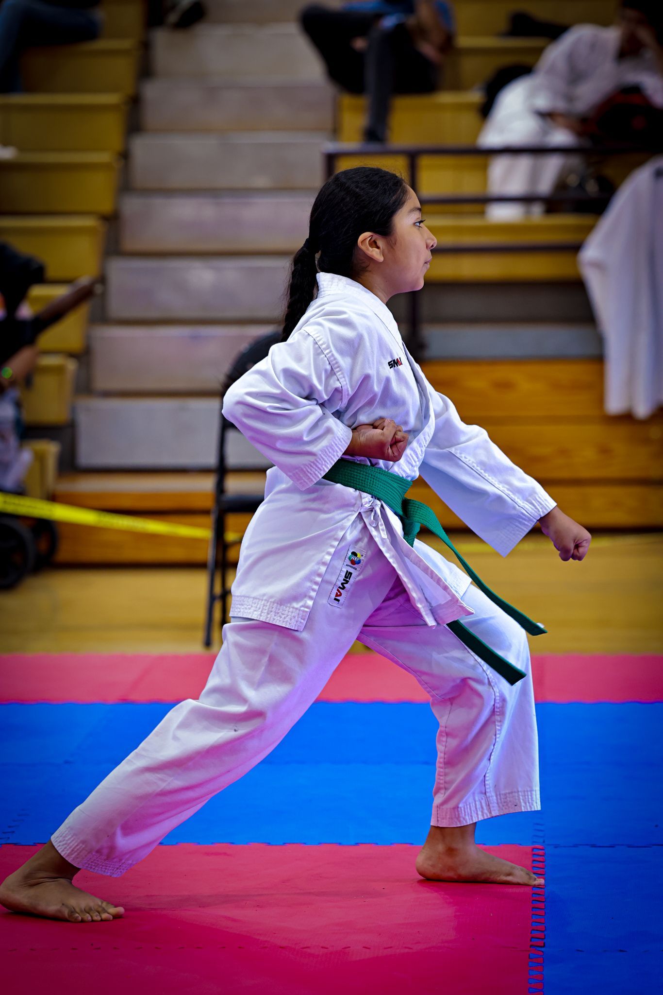 A person in a white karate uniform with a green belt performs a lunge and punch in a sports gym with bleachers.