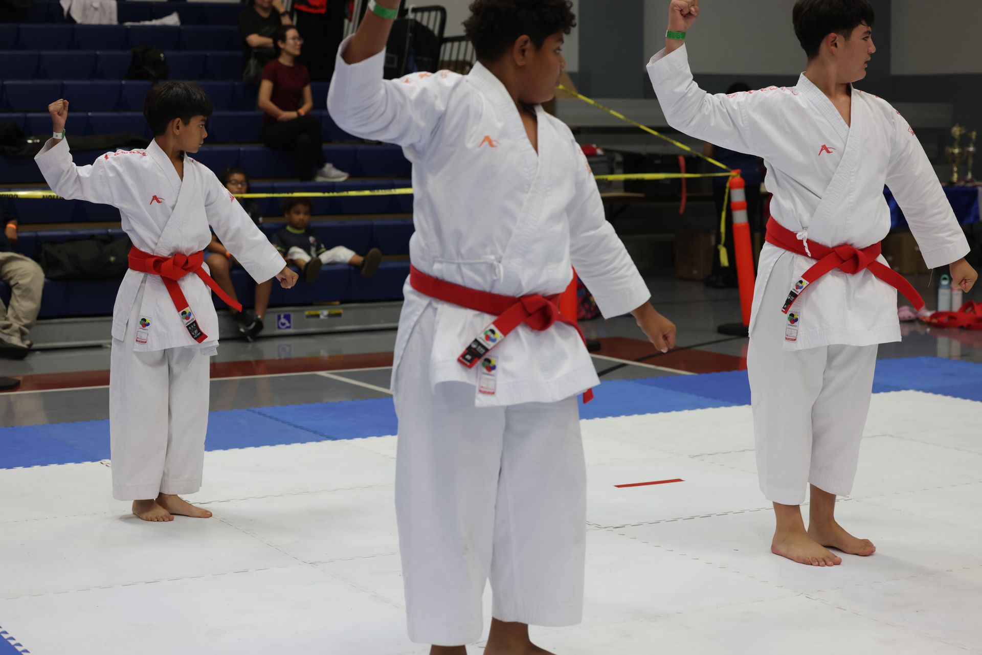 Karate students in white uniforms with red belts practicing a stance on a mat