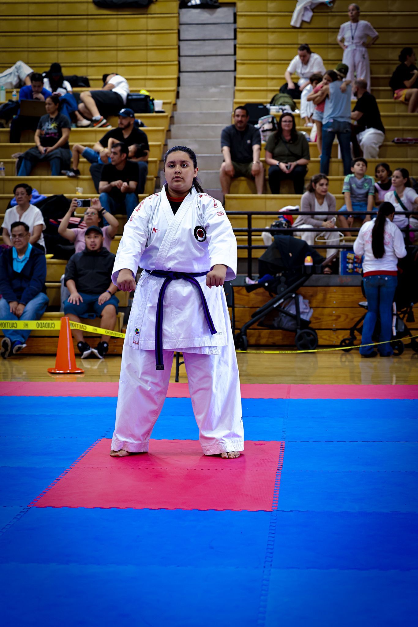 A martial artist in a white uniform and purple belt stands on a red mat in a gymnasium, facing forward with hands clenched.