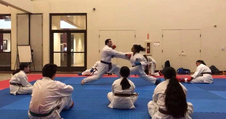 A group of people are practicing karate in a gym.