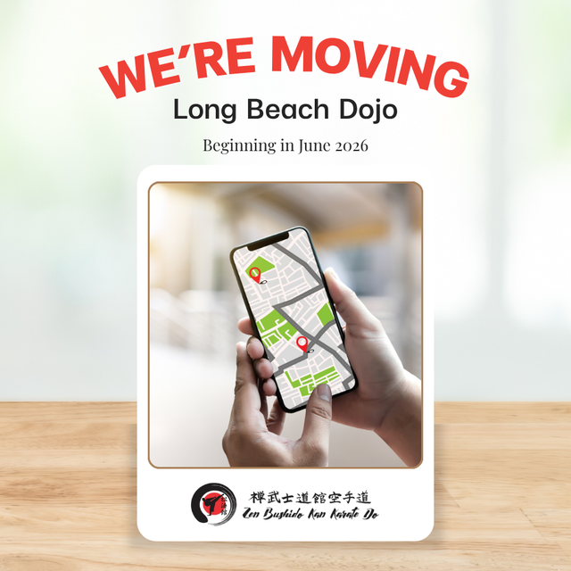 Long Beach Dojo moving announcement with hand holding map phone and red headline on white flyer