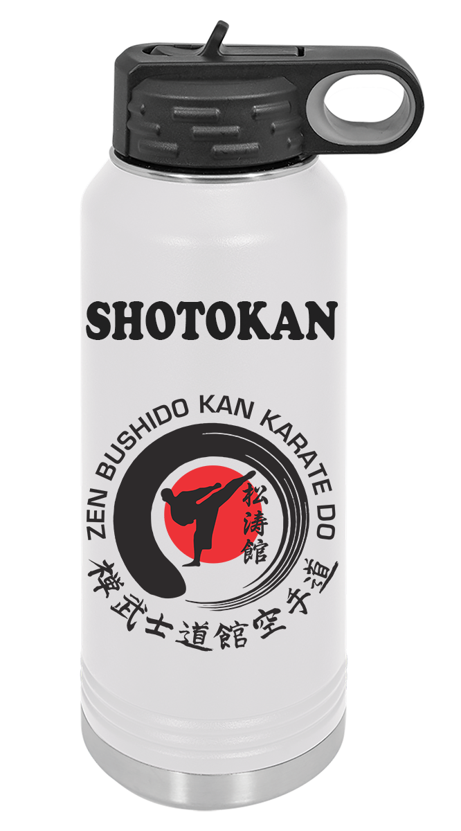 A white water bottle with a karate logo on it.