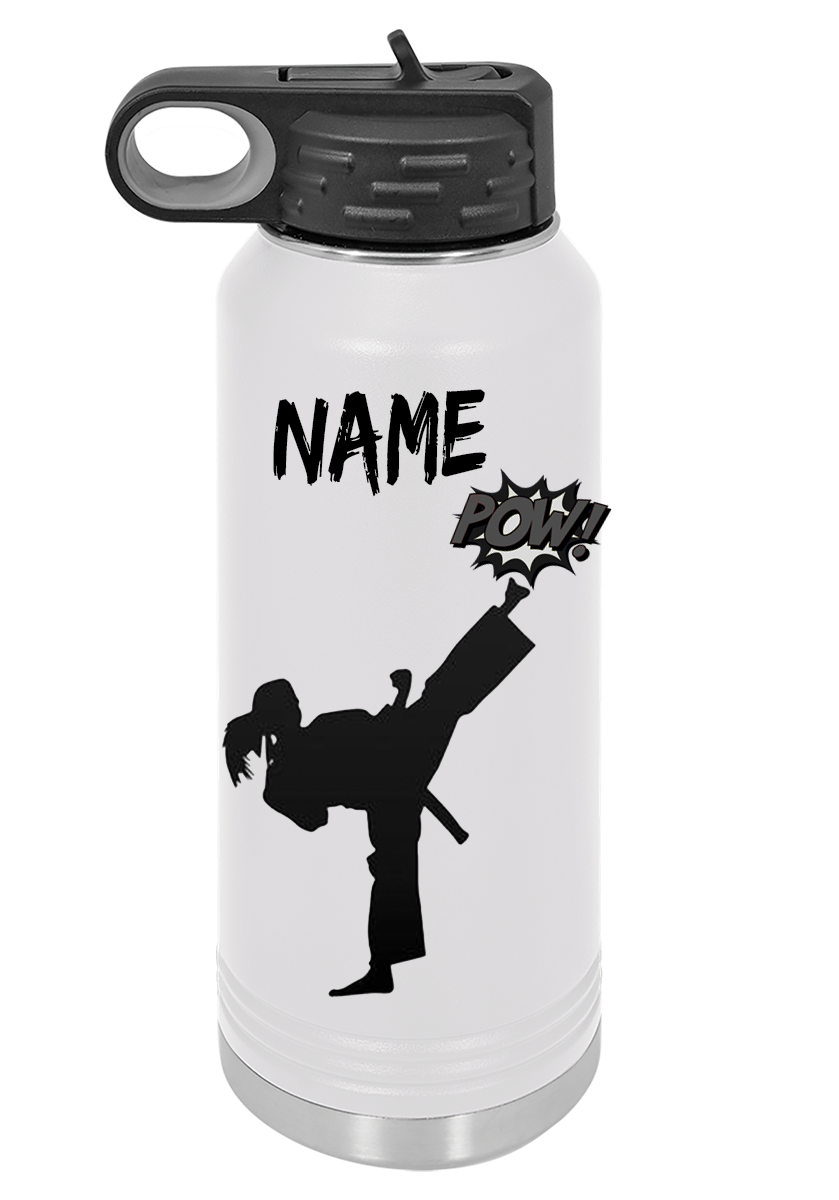 A white water bottle with a karate logo on it.