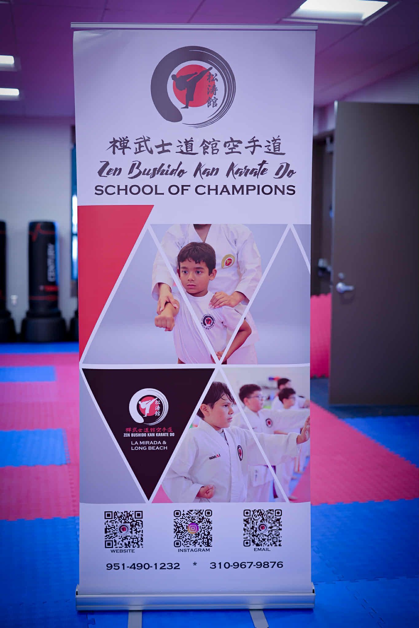 Banner for a school of champions. Features a logo, children practicing karate, and contact information.