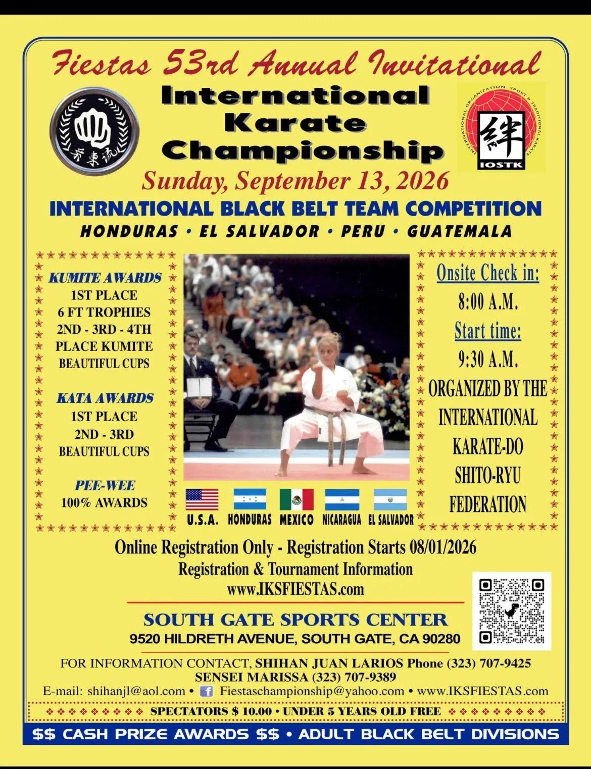 Poster for the 53rd Annual Invitational International Karate Championship, Sept 13, 2026, with photo and event details