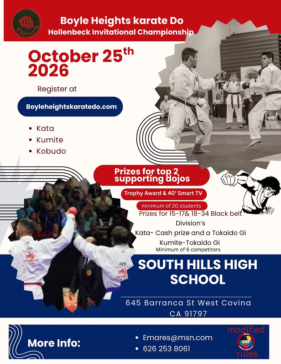 Boyle Heights Karate Do poster for October 25, 2026 at South Hills High School, with karate action photos.