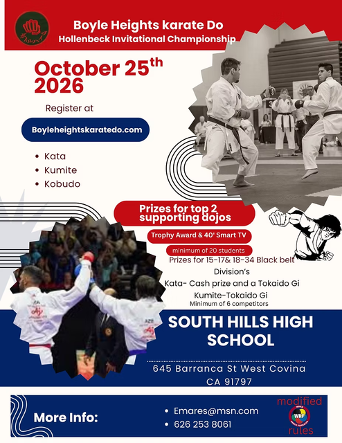 Boyle Heights Karate Do poster for October 25, 2026 at South Hills High School, with karate action photos.