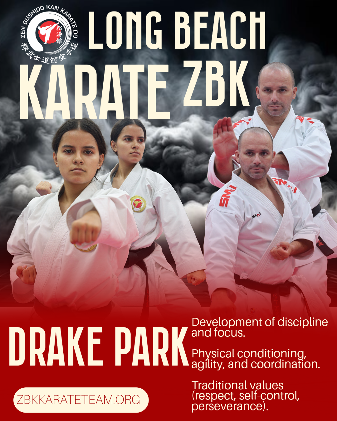 Long Beach Karate ZBK event poster with two martial artists in white uniforms and red smoke backdrop