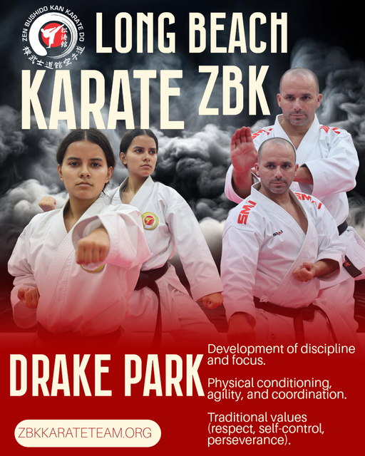 Long Beach Karate ZBK event poster with two martial artists in white uniforms and red smoke backdrop