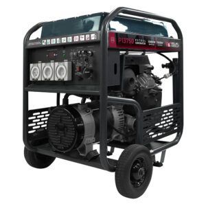 Portable red-and-black gasoline generator on a wheeled metal frame