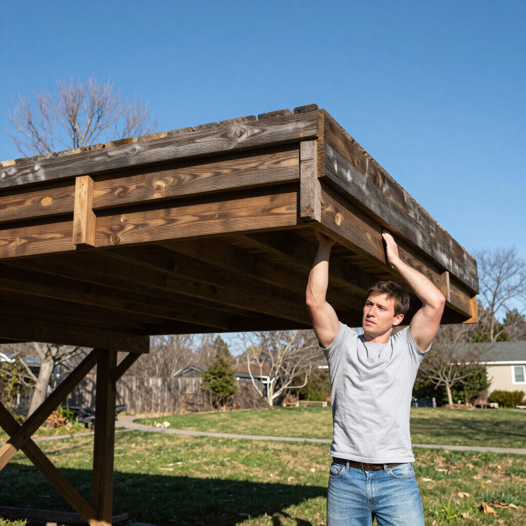 Man in a gray shirt lifting a wooden deck platform outdoors on a sunny day