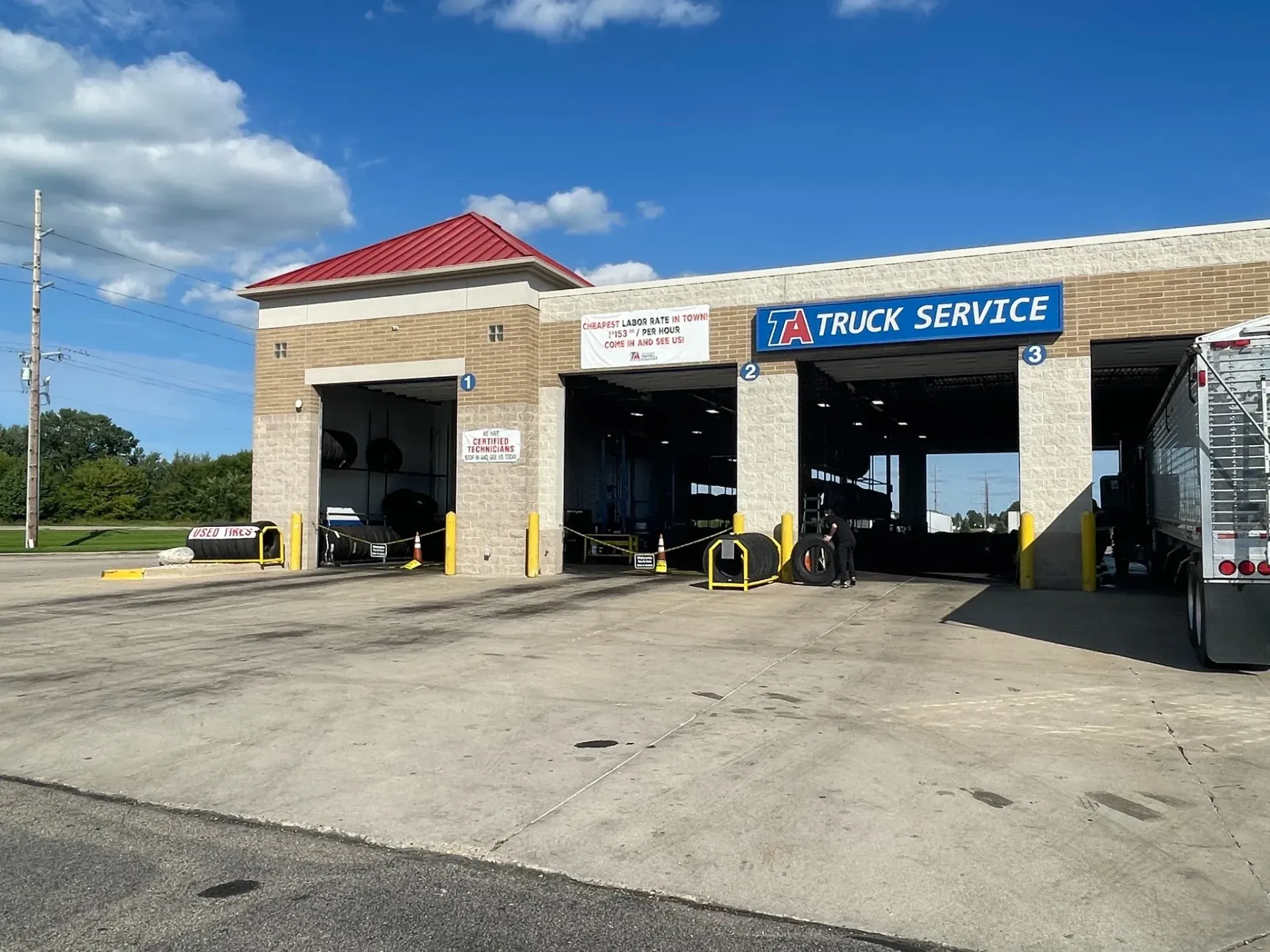 Front view of a TA Janesville truck service building in Rock County, Wisconsin.