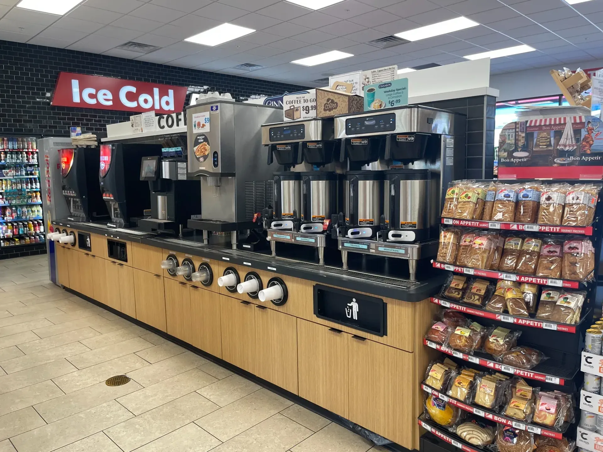 Self-serve coffee station with multiple fresh coffee choices at TA Janesville