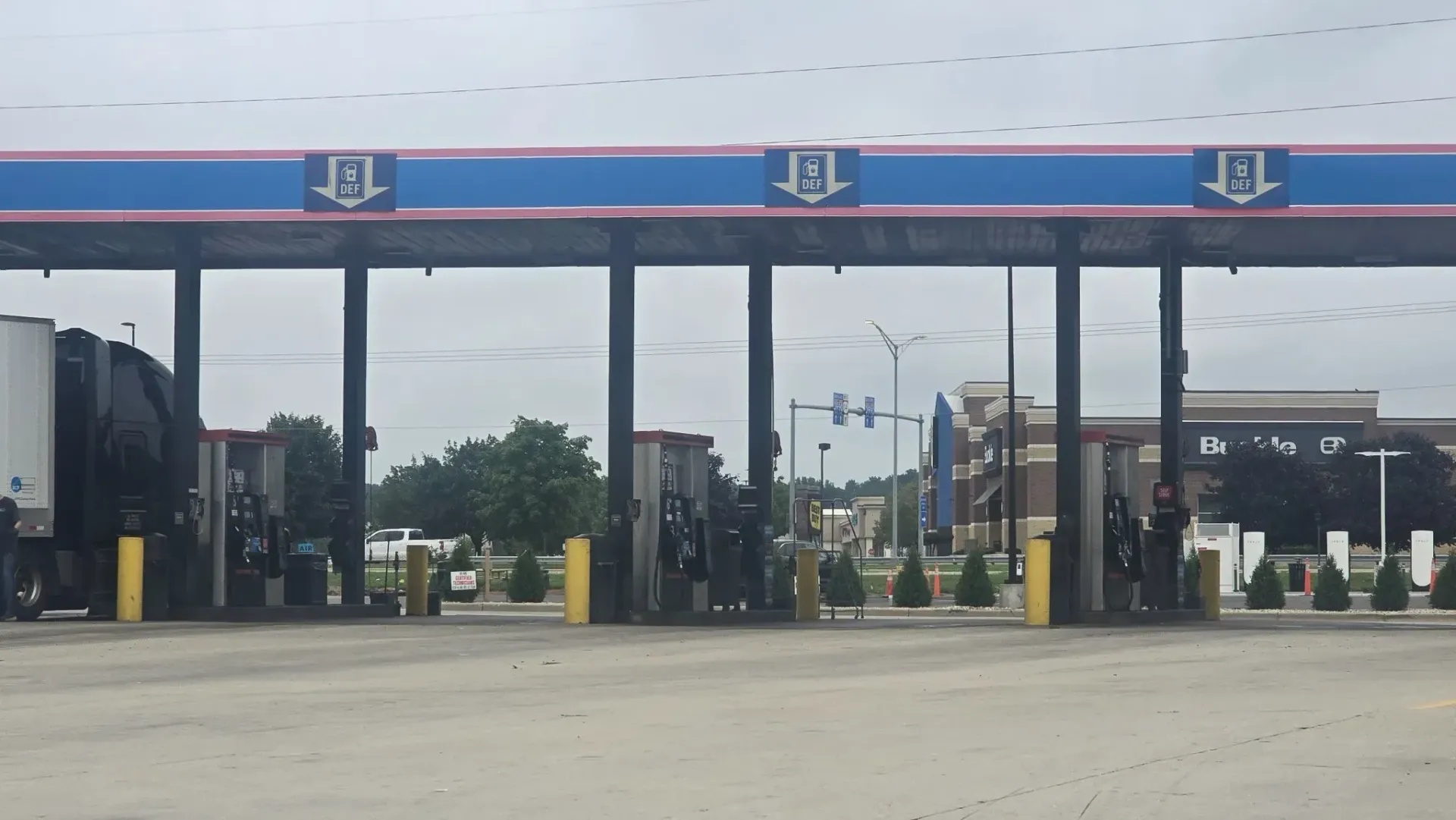 Commercial truck fueling lanes with DEF pumps at TA Janesville in Janesville, Wisconsin.
