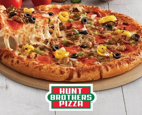 Hungry Brothers Pizza logo on a cheesy pizza topped with olives and peppers