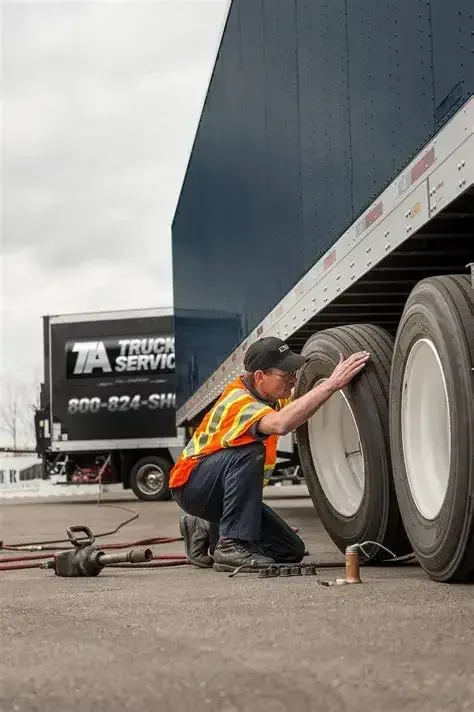 TA Janesville Roadside Assistance Mechanic in an orange vest checks a semi-truck tire outside a service trailer.