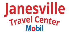 Janesville Travel Center logo with red text and blue Mobil logo on a white background
