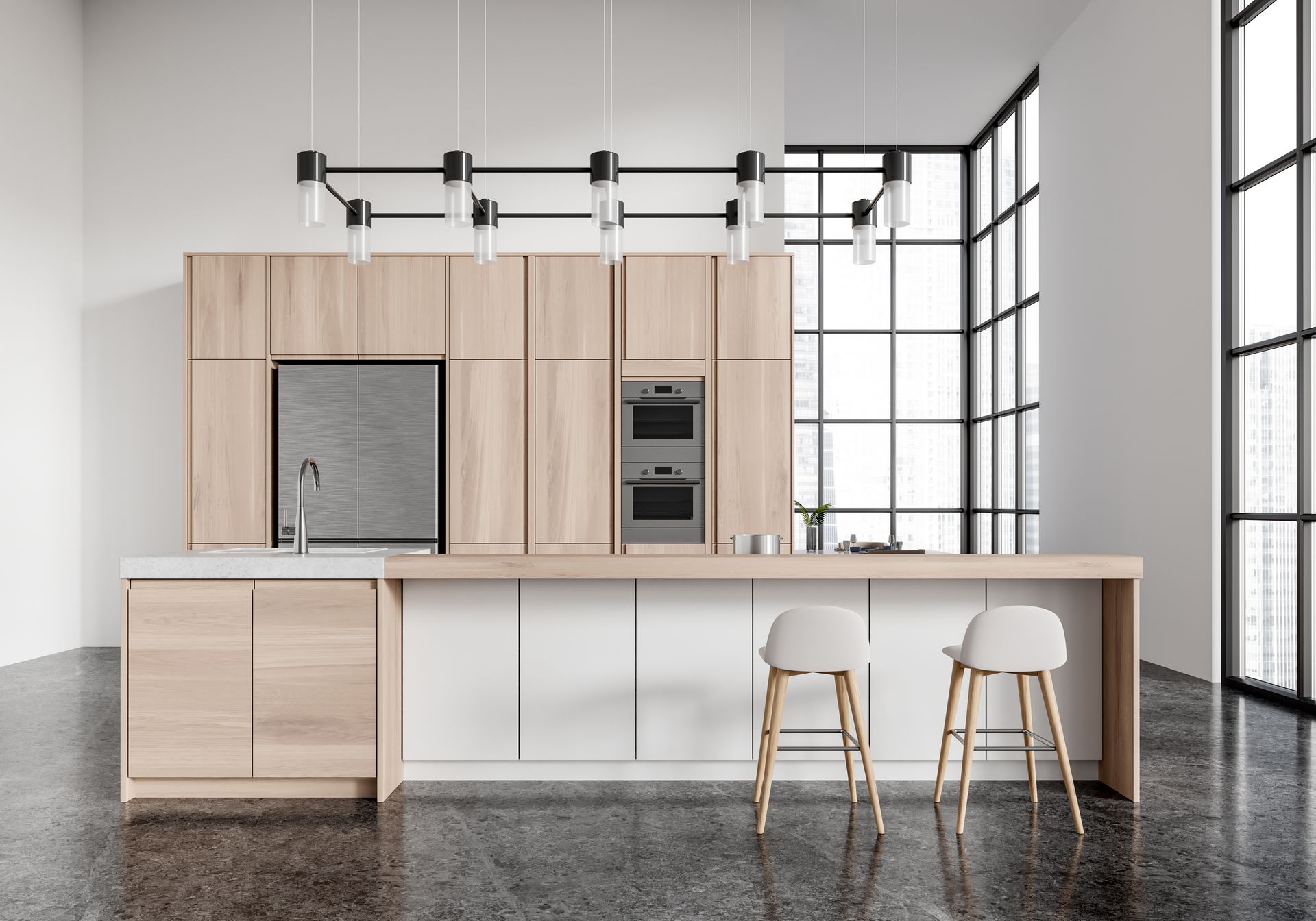 Cuisine moderne avec placards en bois et blancs, îlot central avec deux tabourets, grandes fenêtres, sol foncé.