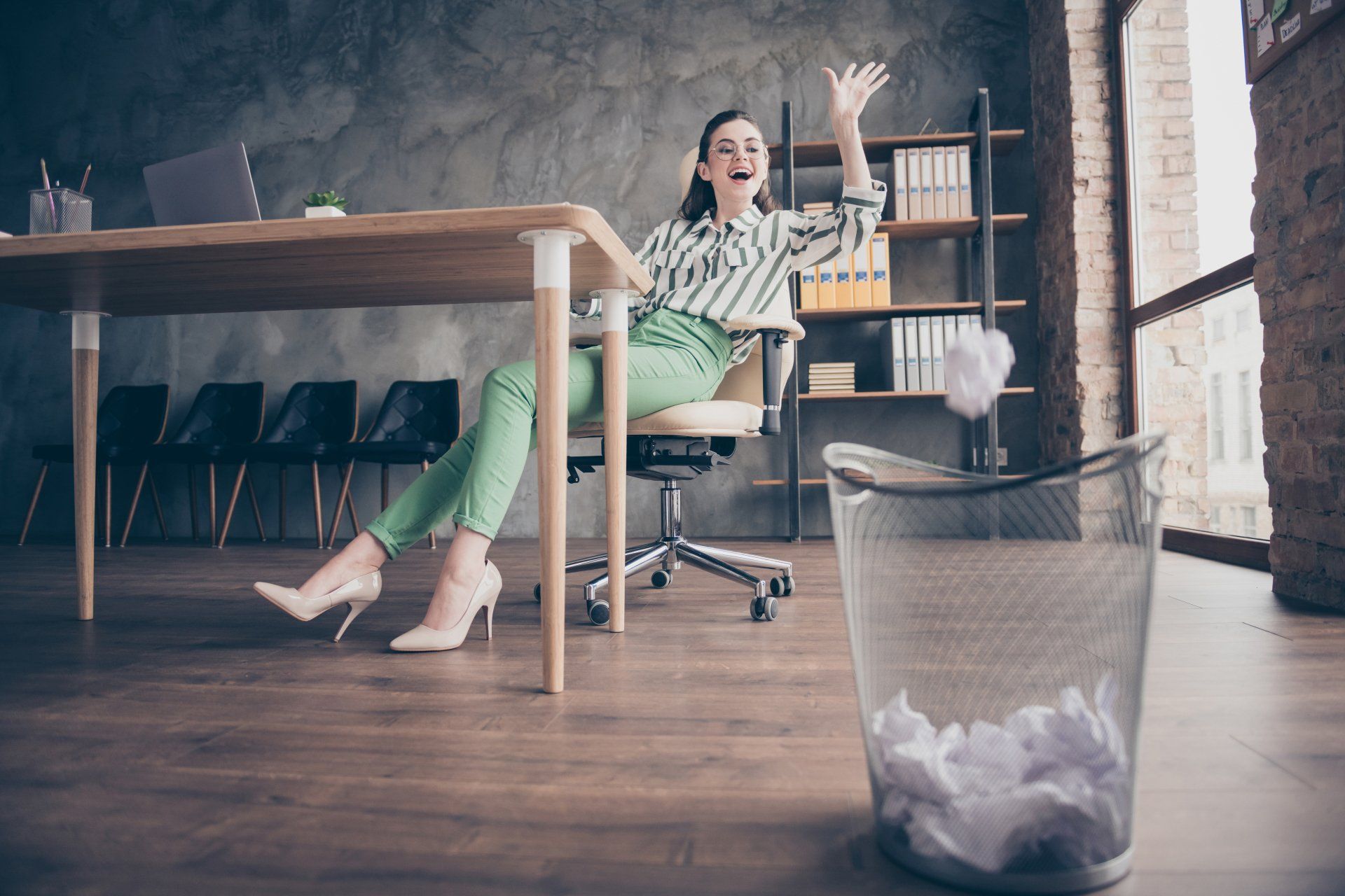 positive cheerful worker marketer girl have no work feel fun throw crumpled paper in trash bin