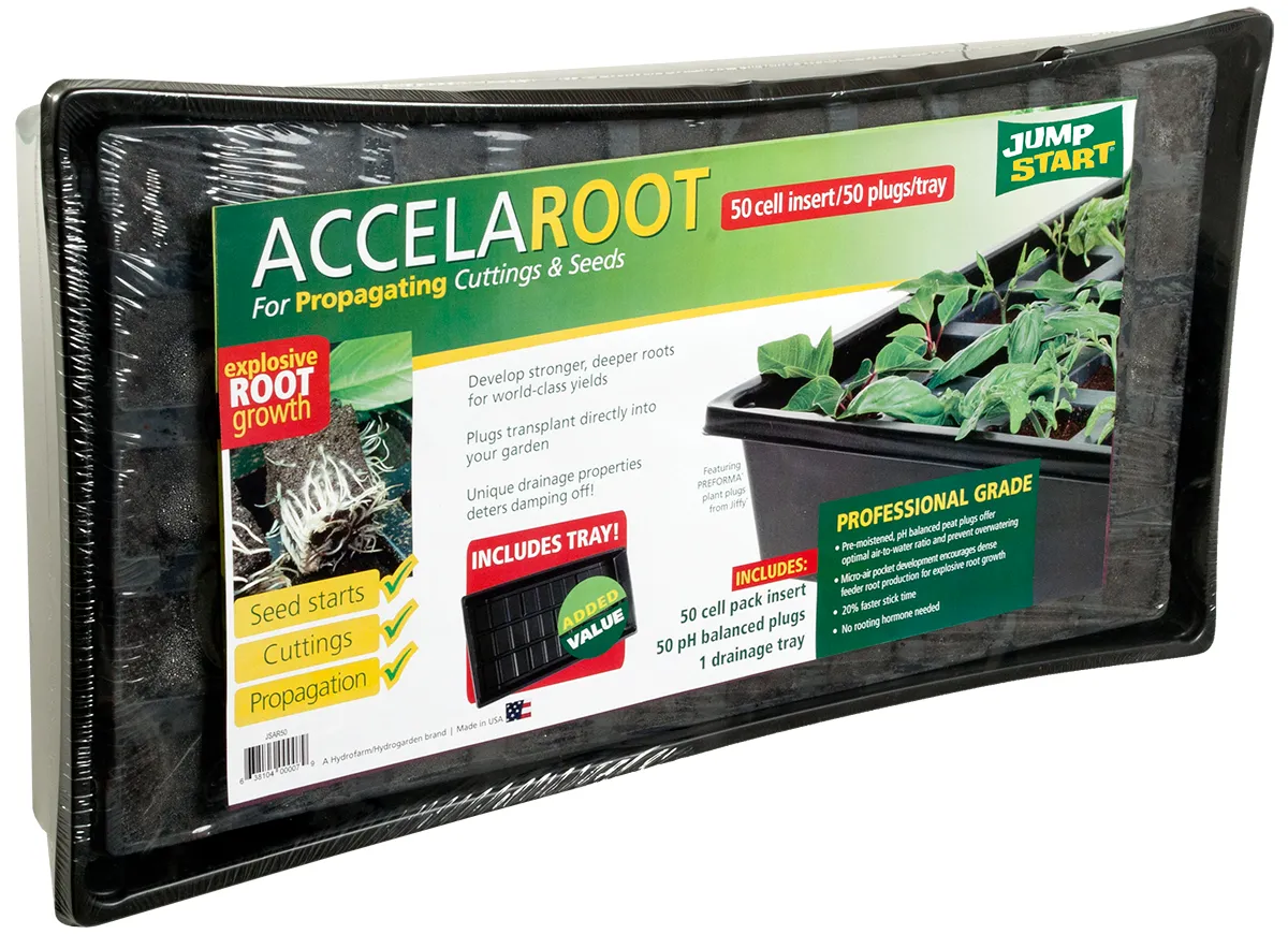 Green Jump Start Acceleroot plant food box with seedlings and red-yellow labels on a white background
