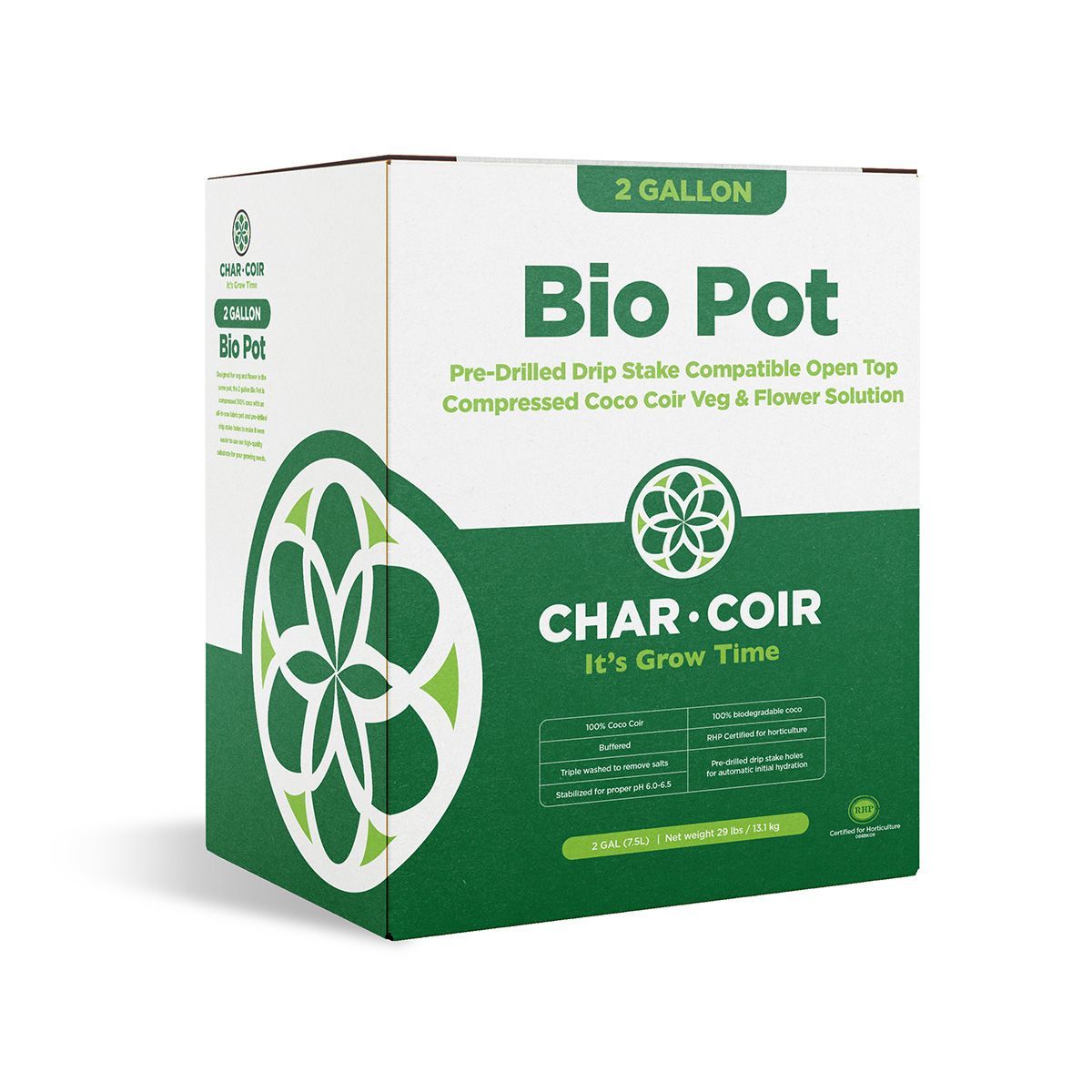 Green and white 2-gallon Char Coir bio pot packaging with leaf logo and product details