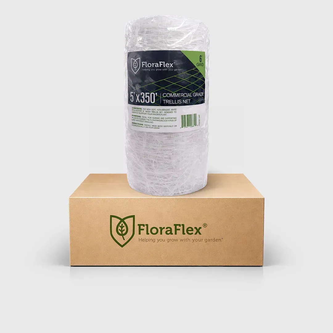 FloraFlex product on a cardboard box, wrapped white cylinder with green label